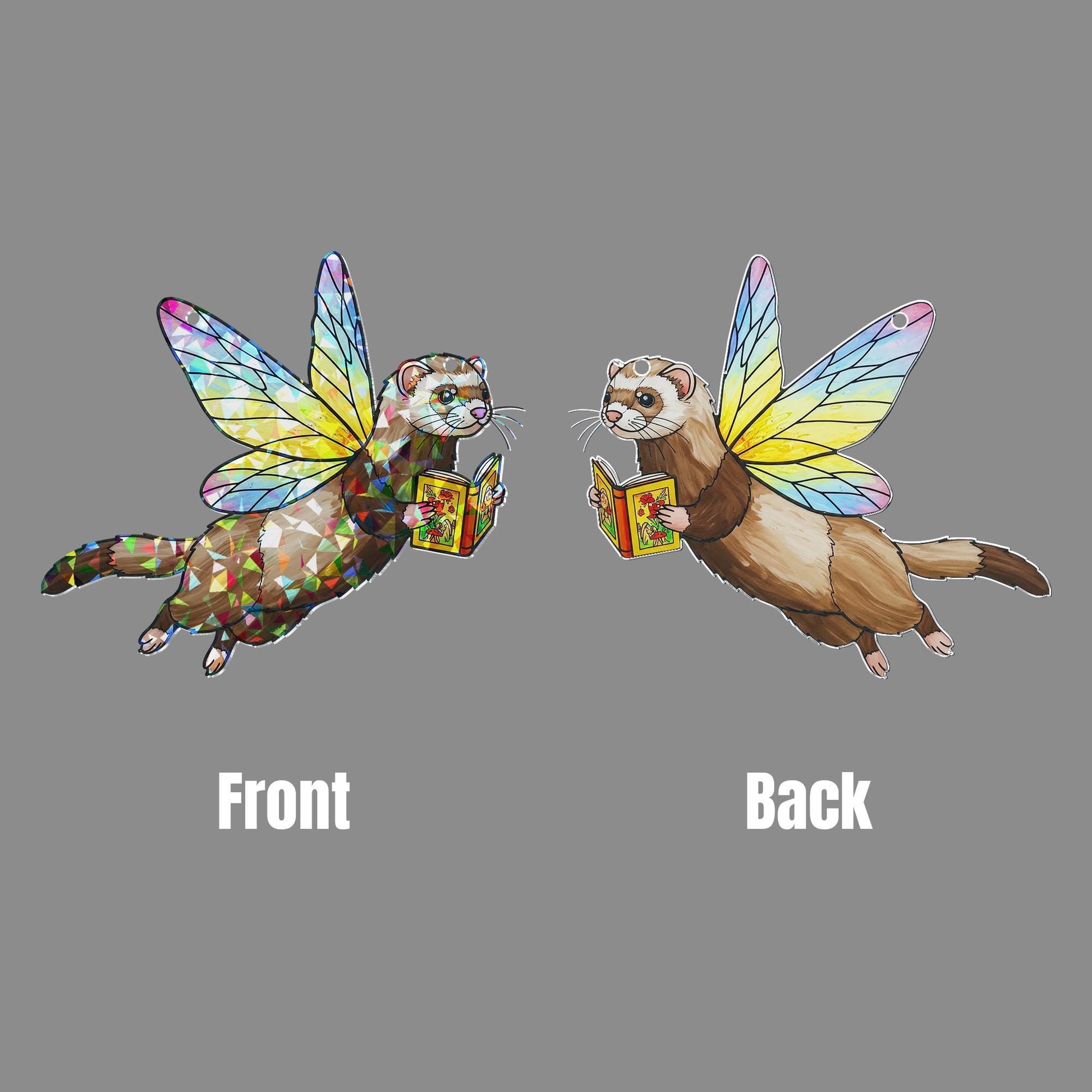 Fairy Ferret Reading Hologram Acrylic Window Decor, Cute Ferret Bookish Gift, Reading Lover Decor, Ferret Lover Gift, Gift For Book Lover