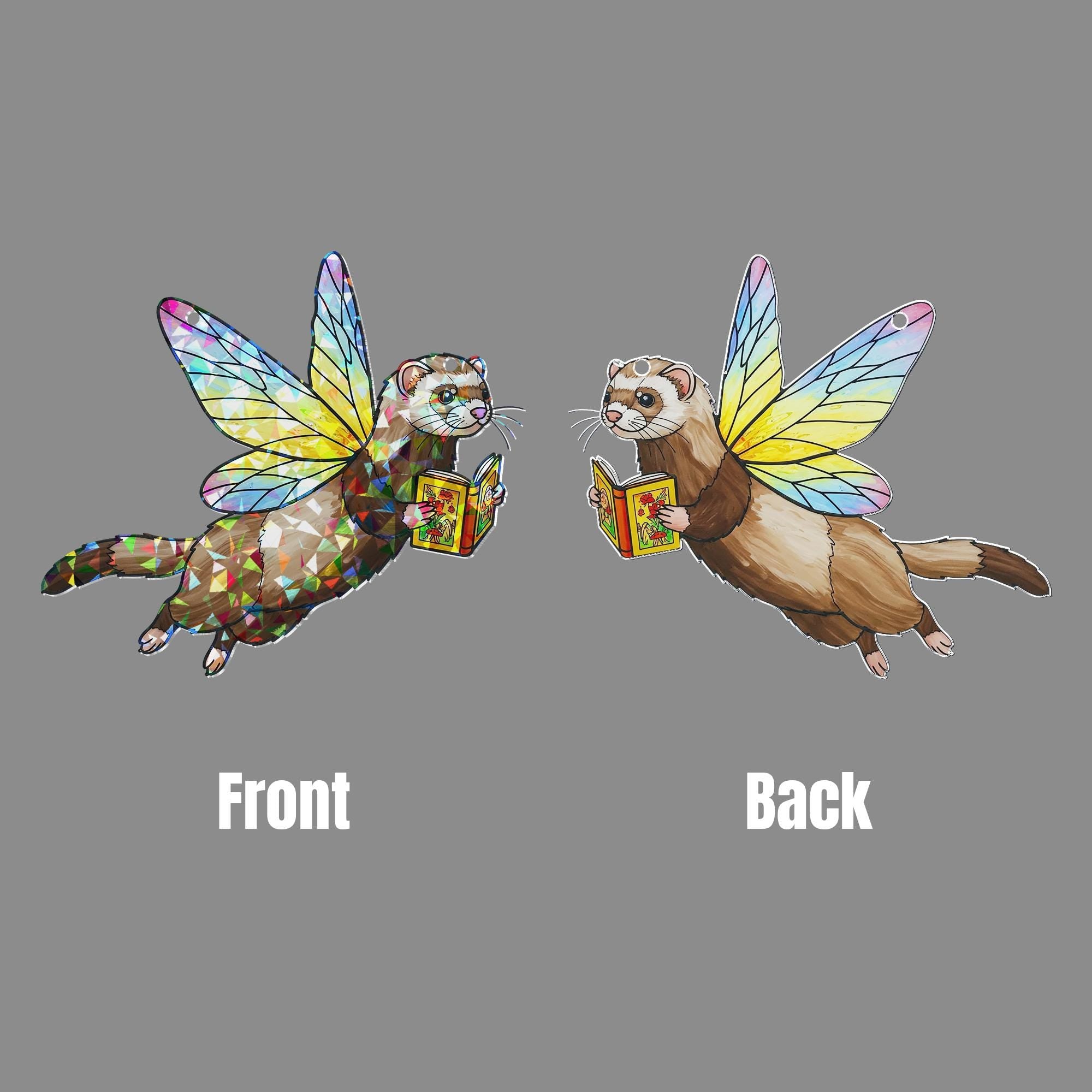 Fairy Ferret Reading Hologram Acrylic Window Decor, Cute Ferret Bookish Gift, Reading Lover Decor, Ferret Lover Gift, Gift For Book Lover