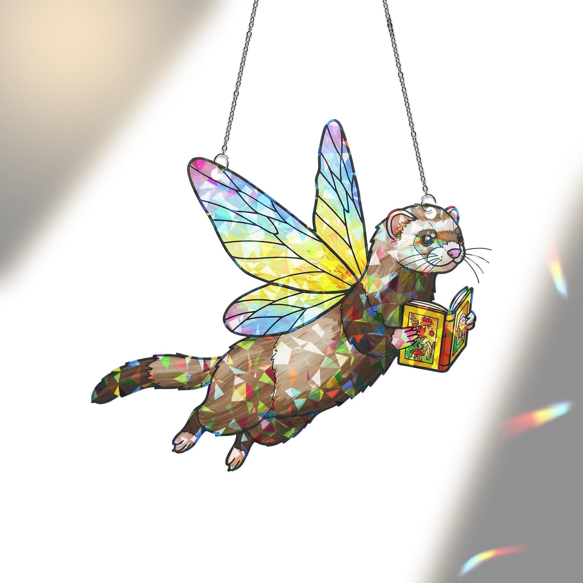 Fairy Ferret Reading Hologram Acrylic Window Decor, Cute Ferret Bookish Gift, Reading Lover Decor, Ferret Lover Gift, Gift For Book Lover