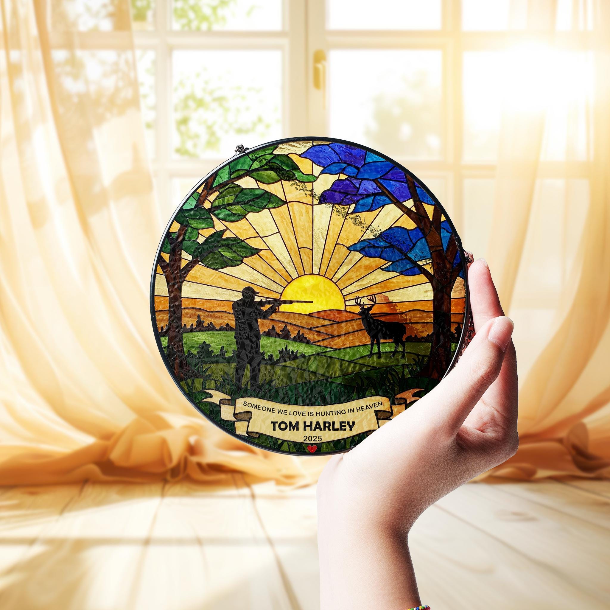 Hunting Memorial Suncatcher, Hunting in Heave Glass Window Hanging, Memorial Gift for Dad, Grandpa, Loss Of Loved Ones, Remembrance Decor
