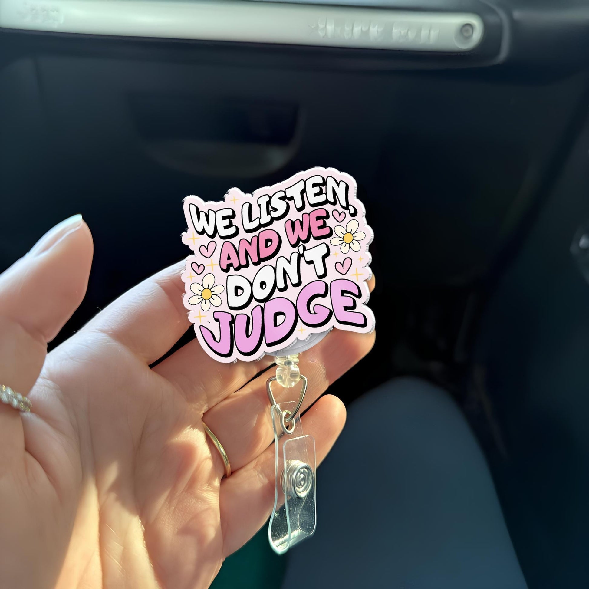 We Listen And We Dont Judge Badge Reel, Funny Nurse ID Holder, RN Id Holder, Teacher ID Holder, Work Badge Clips, Heavy Duty, Er Nurse Gift
