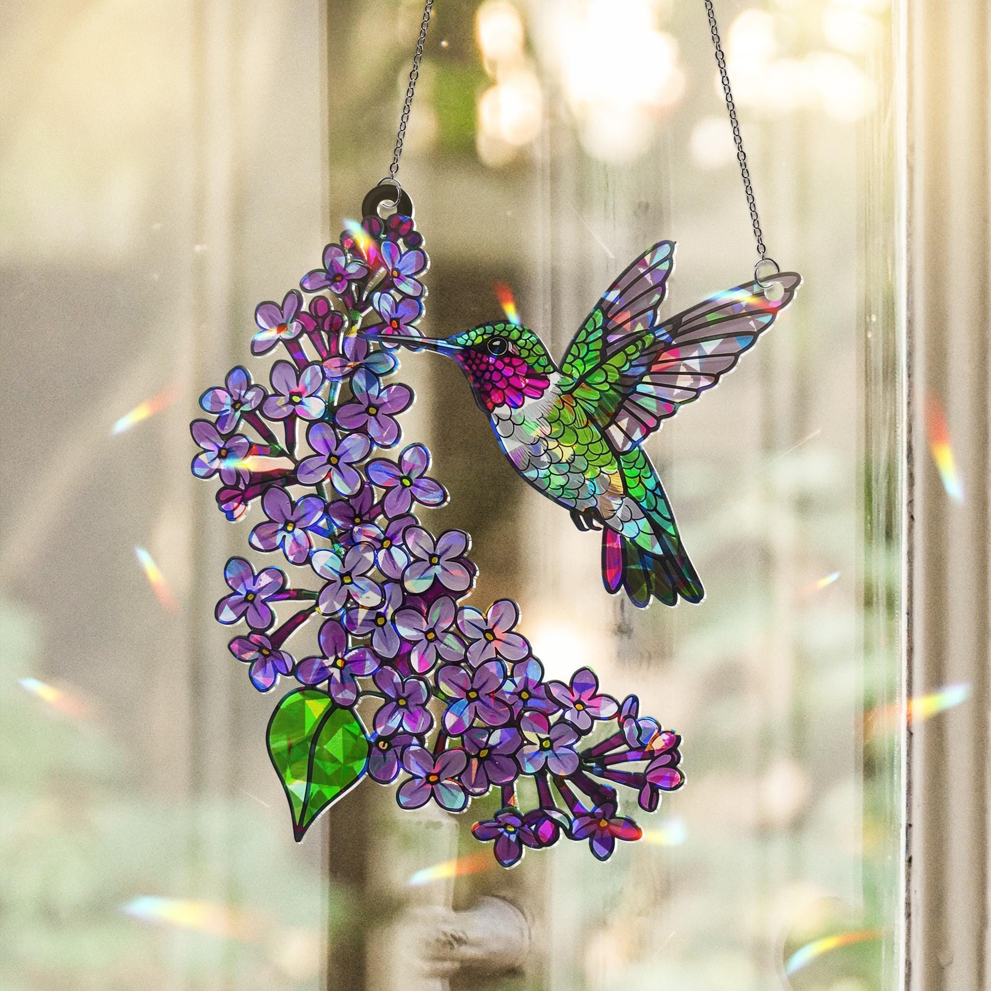 Anna's Hummingbird holographic Suncatcher - Mother's Day ACRYLIC Window Hanging Gift for Mom - Hummingbird Bird & Lilac Flower Decor
