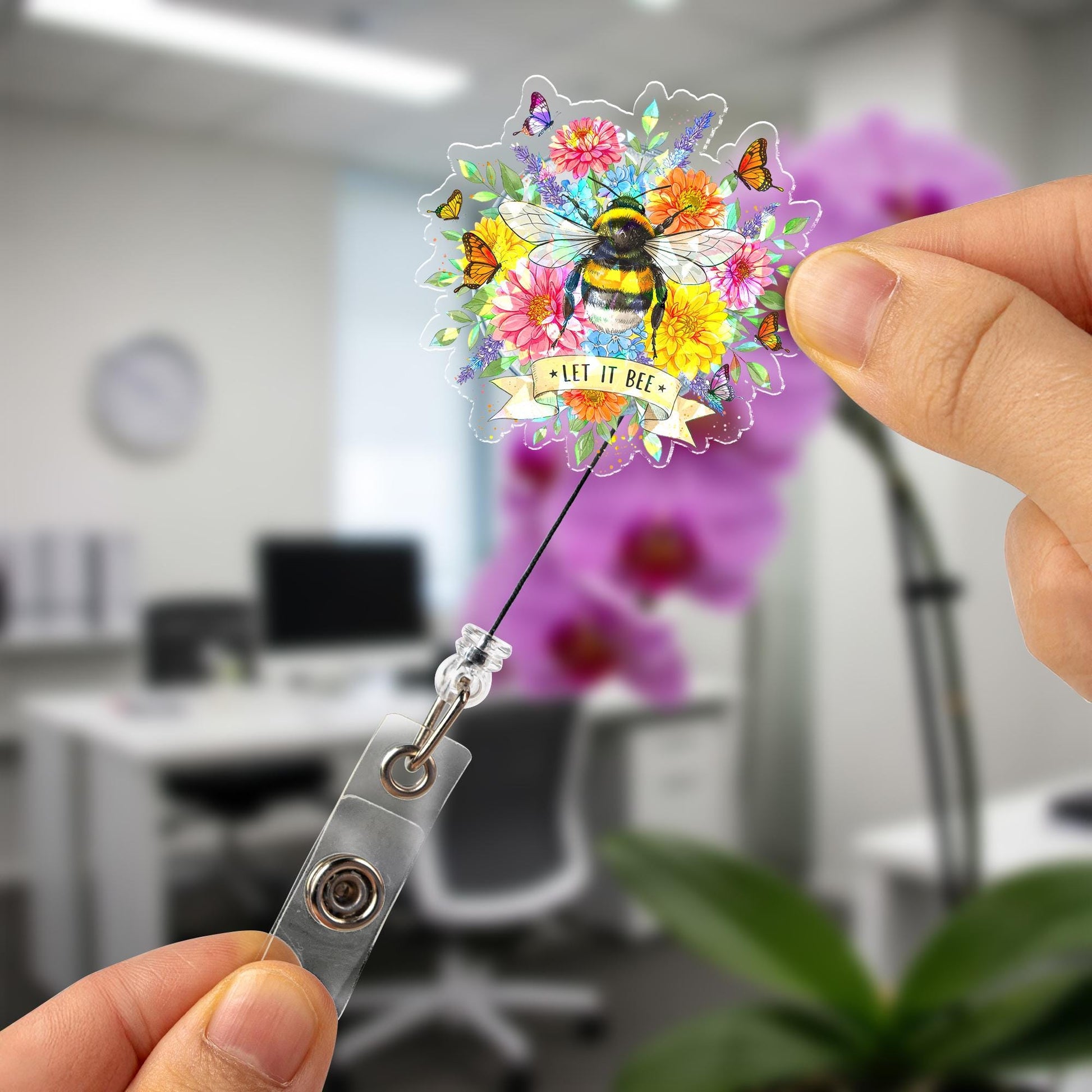 Let It Bee Hologram Badge Reel, Cute Bumblebee Floral ID Holder, Spring Flowers Butterfly Accessory for Nurse Teacher Office Worker Gift