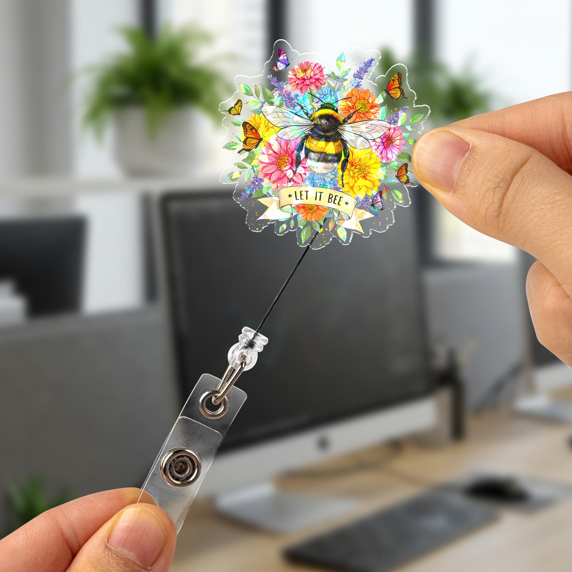 Let It Bee Hologram Badge Reel, Cute Bumblebee Floral ID Holder, Spring Flowers Butterfly Accessory for Nurse Teacher Office Worker Gift