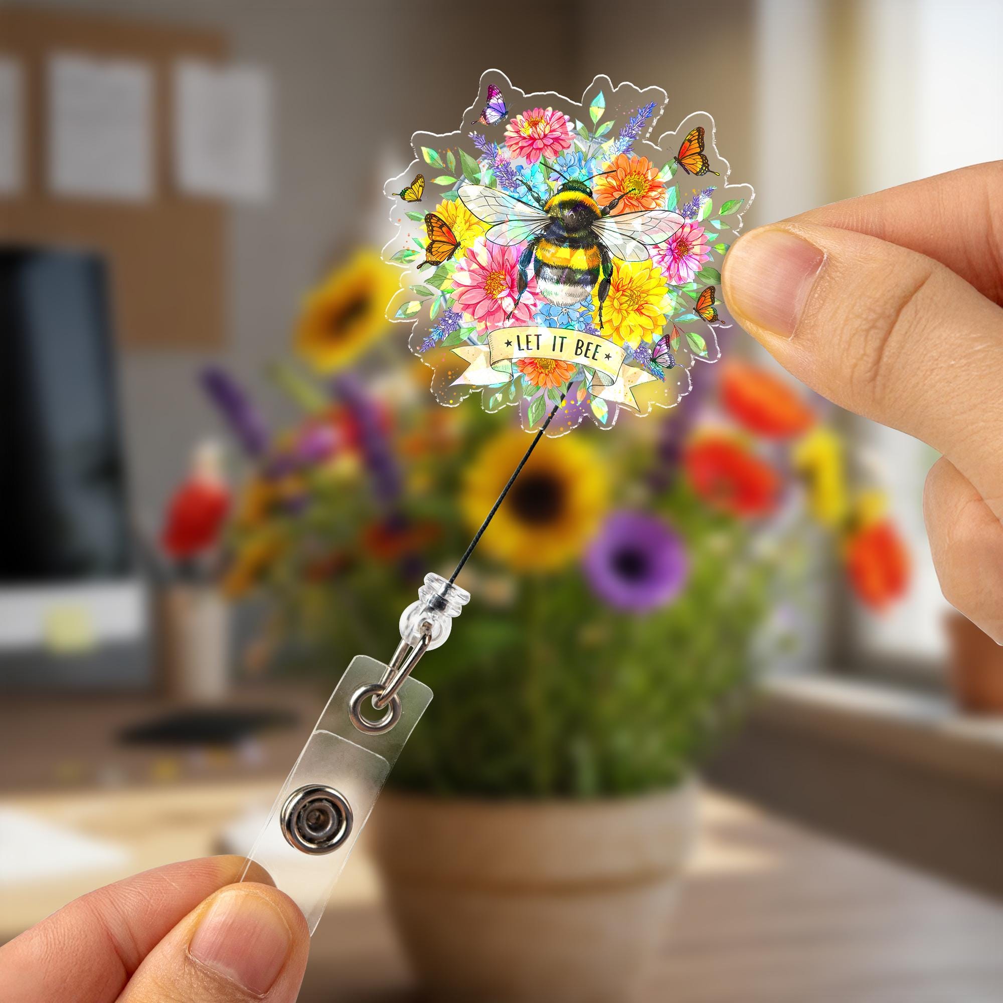 Let It Bee Hologram Badge Reel, Cute Bumblebee Floral ID Holder, Spring Flowers Butterfly Accessory for Nurse Teacher Office Worker Gift