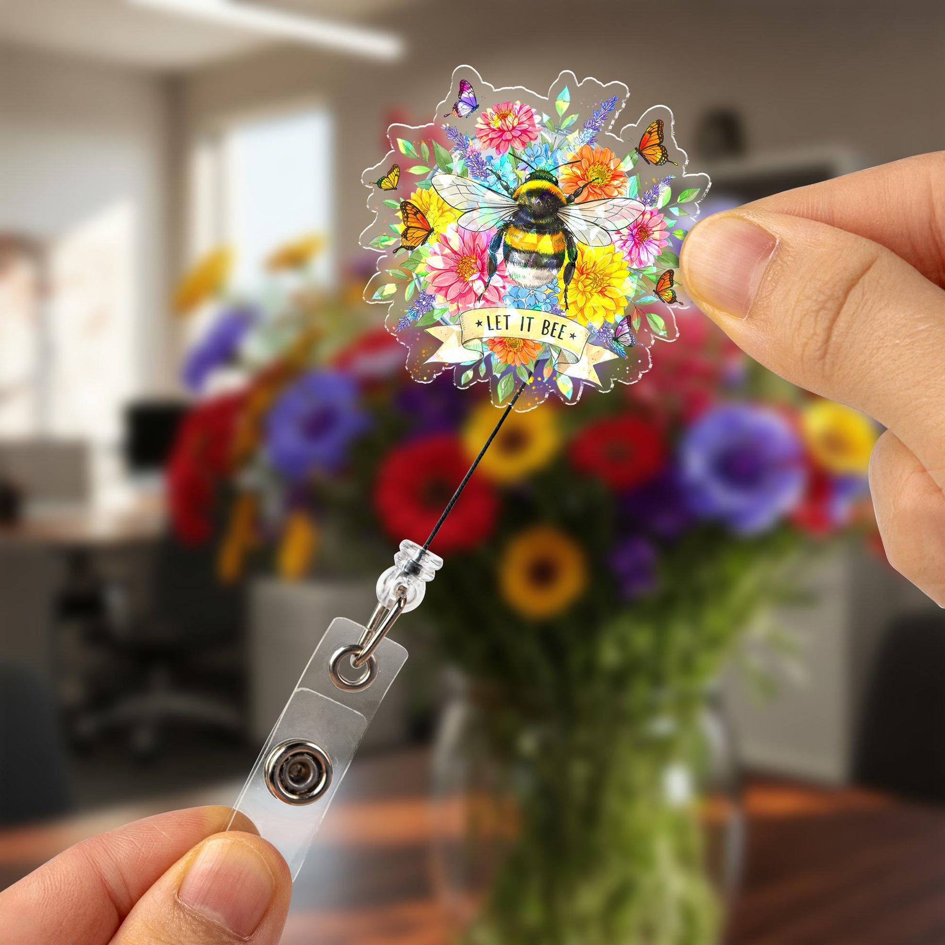 Let It Bee Hologram Badge Reel, Cute Bumblebee Floral ID Holder, Spring Flowers Butterfly Accessory for Nurse Teacher Office Worker Gift