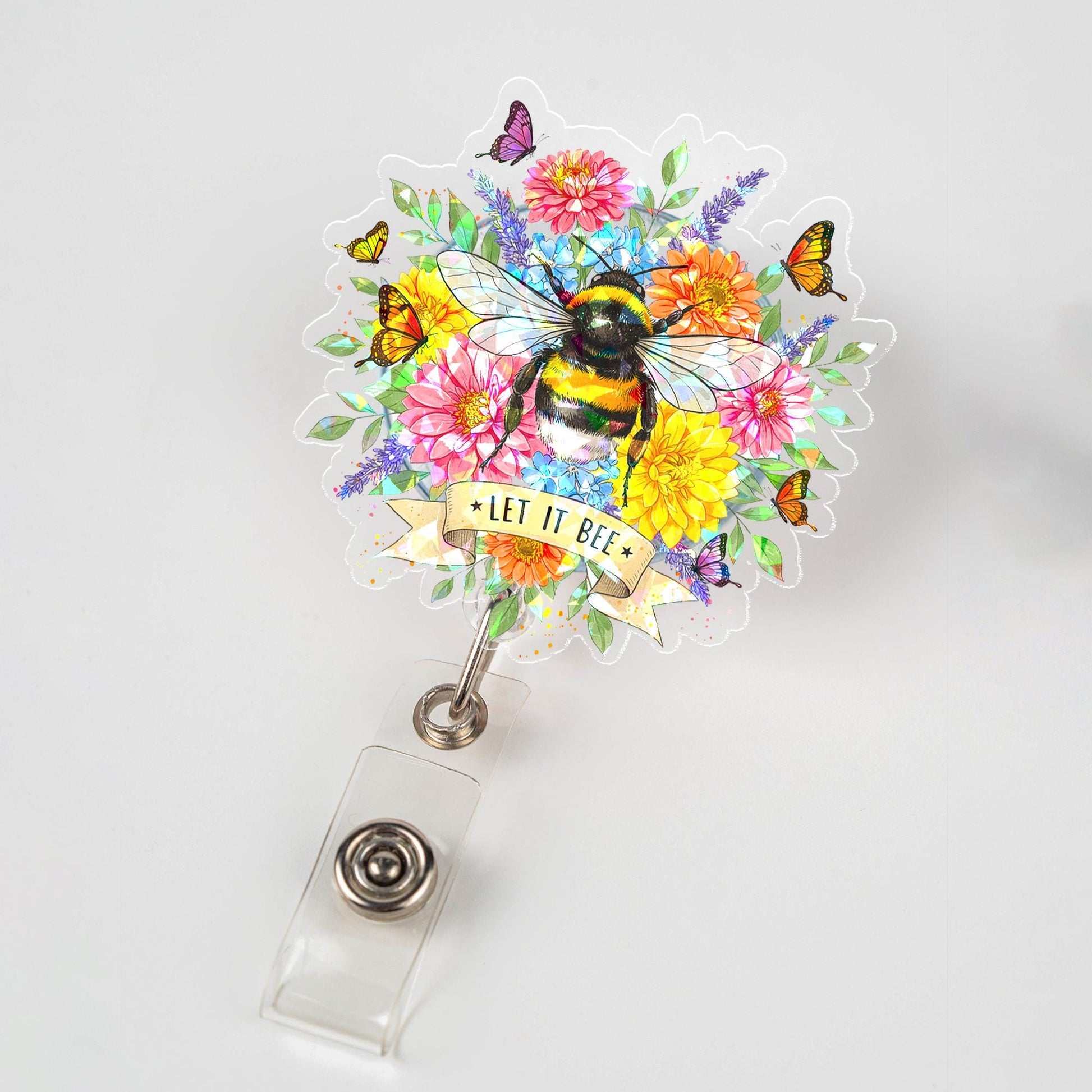 Let It Bee Hologram Badge Reel, Cute Bumblebee Floral ID Holder, Spring Flowers Butterfly Accessory for Nurse Teacher Office Worker Gift
