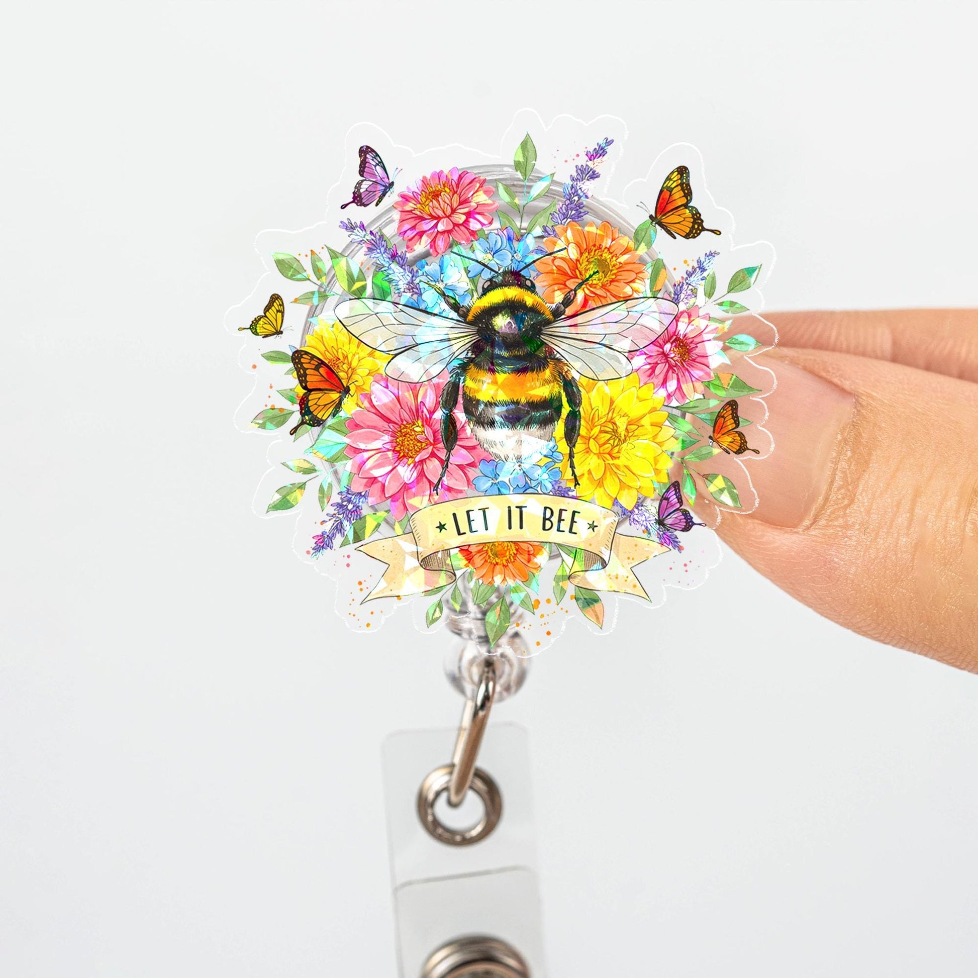 Let It Bee Hologram Badge Reel, Cute Bumblebee Floral ID Holder, Spring Flowers Butterfly Accessory for Nurse Teacher Office Worker Gift