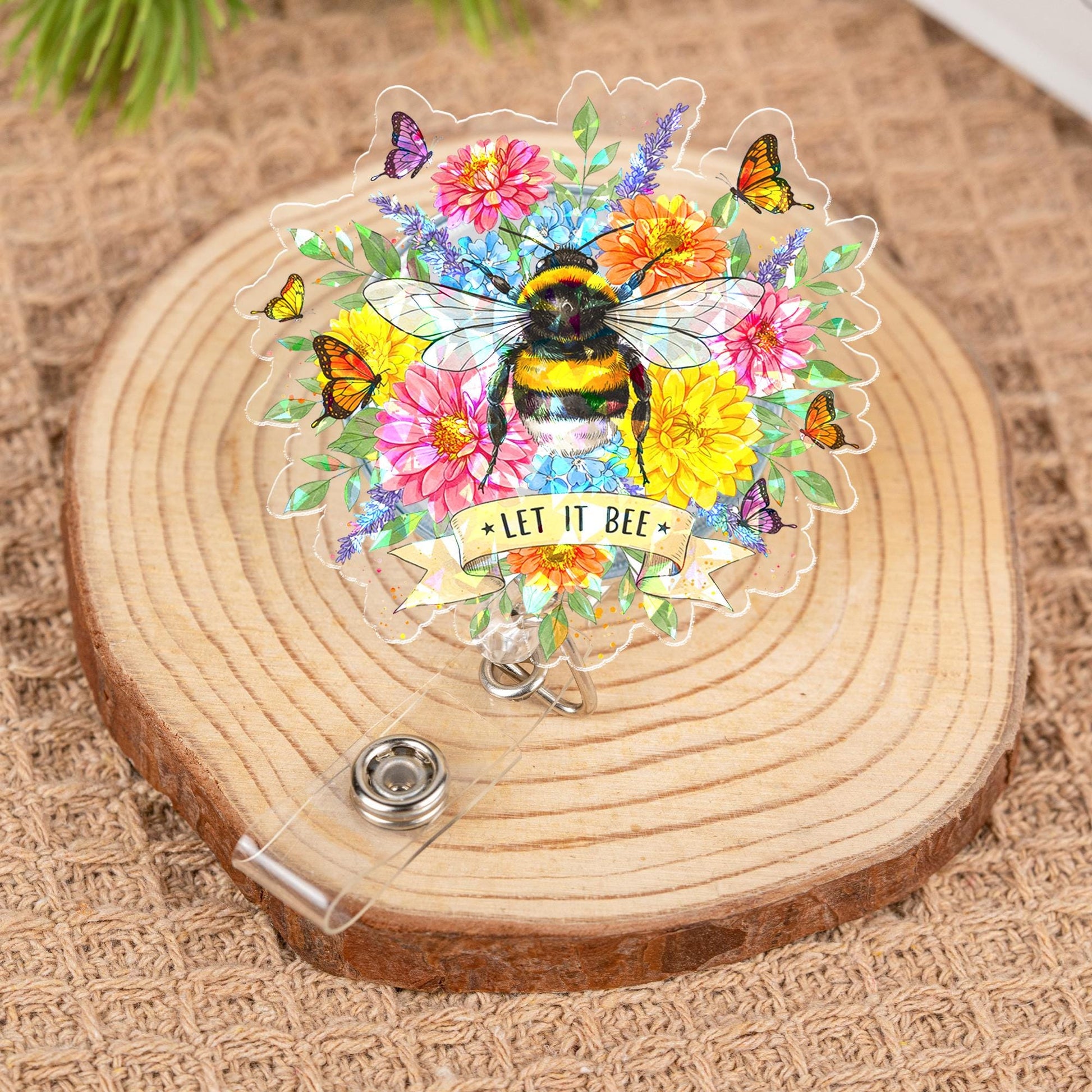 Let It Bee Hologram Badge Reel, Cute Bumblebee Floral ID Holder, Spring Flowers Butterfly Accessory for Nurse Teacher Office Worker Gift
