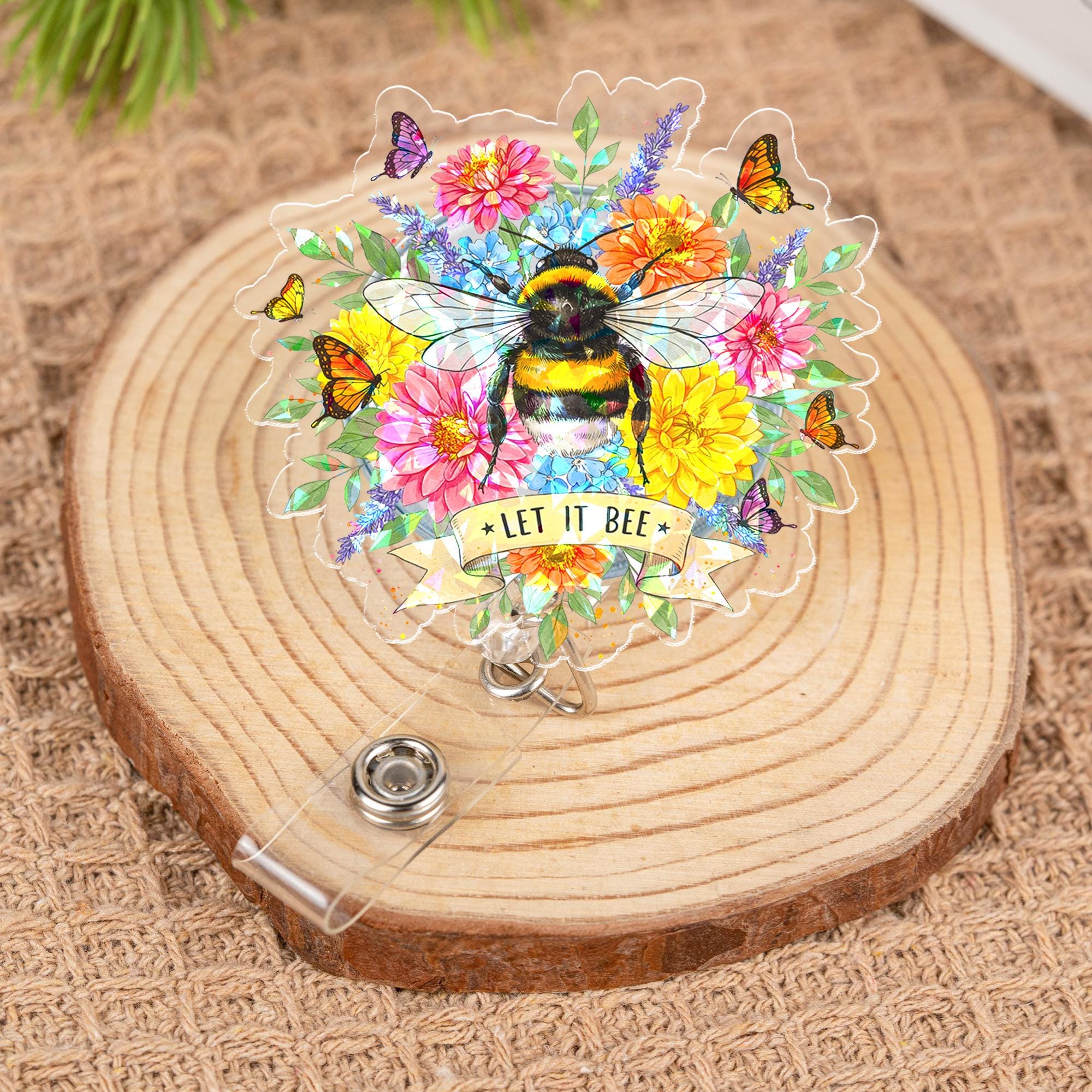 Let It Bee Hologram Badge Reel, Cute Bumblebee Floral ID Holder, Spring Flowers Butterfly Accessory for Nurse Teacher Office Worker Gift