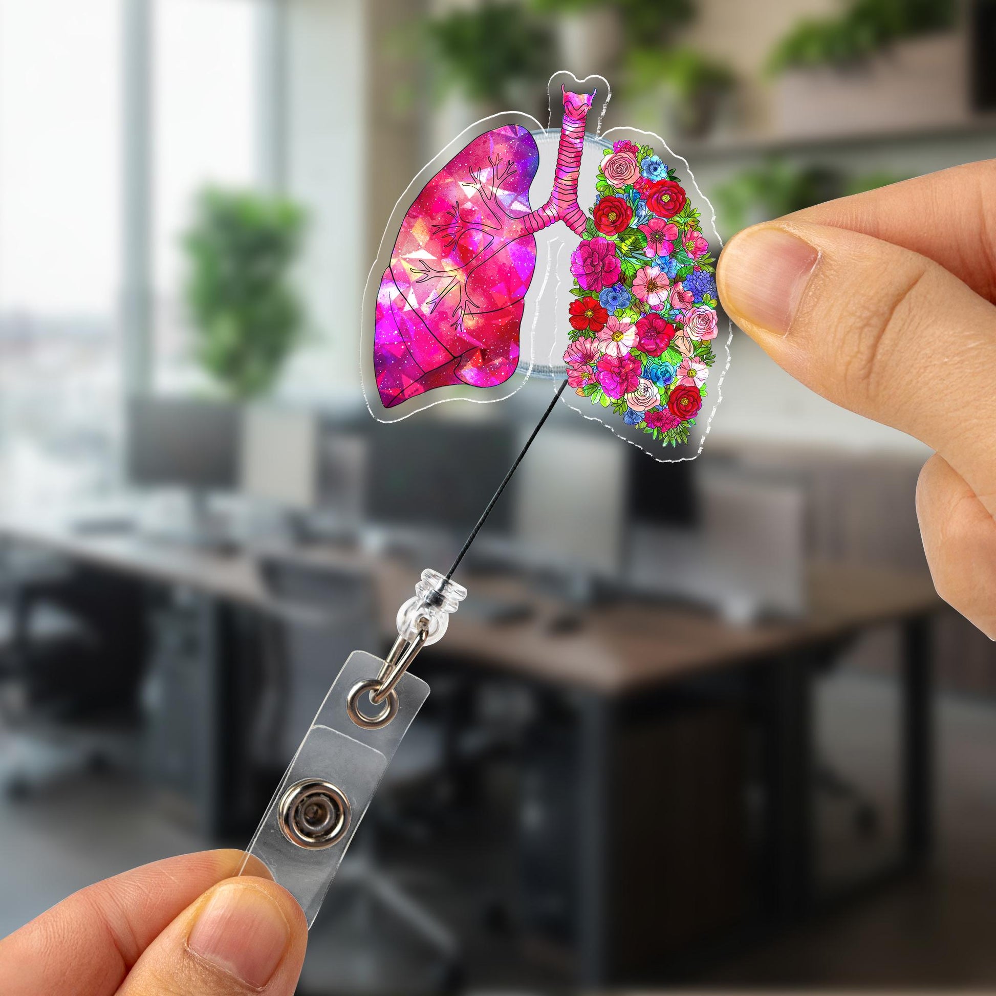 Holographic Floral Anatomical Lung Badge Reel, Cute Acrylic ID Holder for Nurse, Doctor, RT Gift, Medical Staff Accessory,Hologram ID Holder