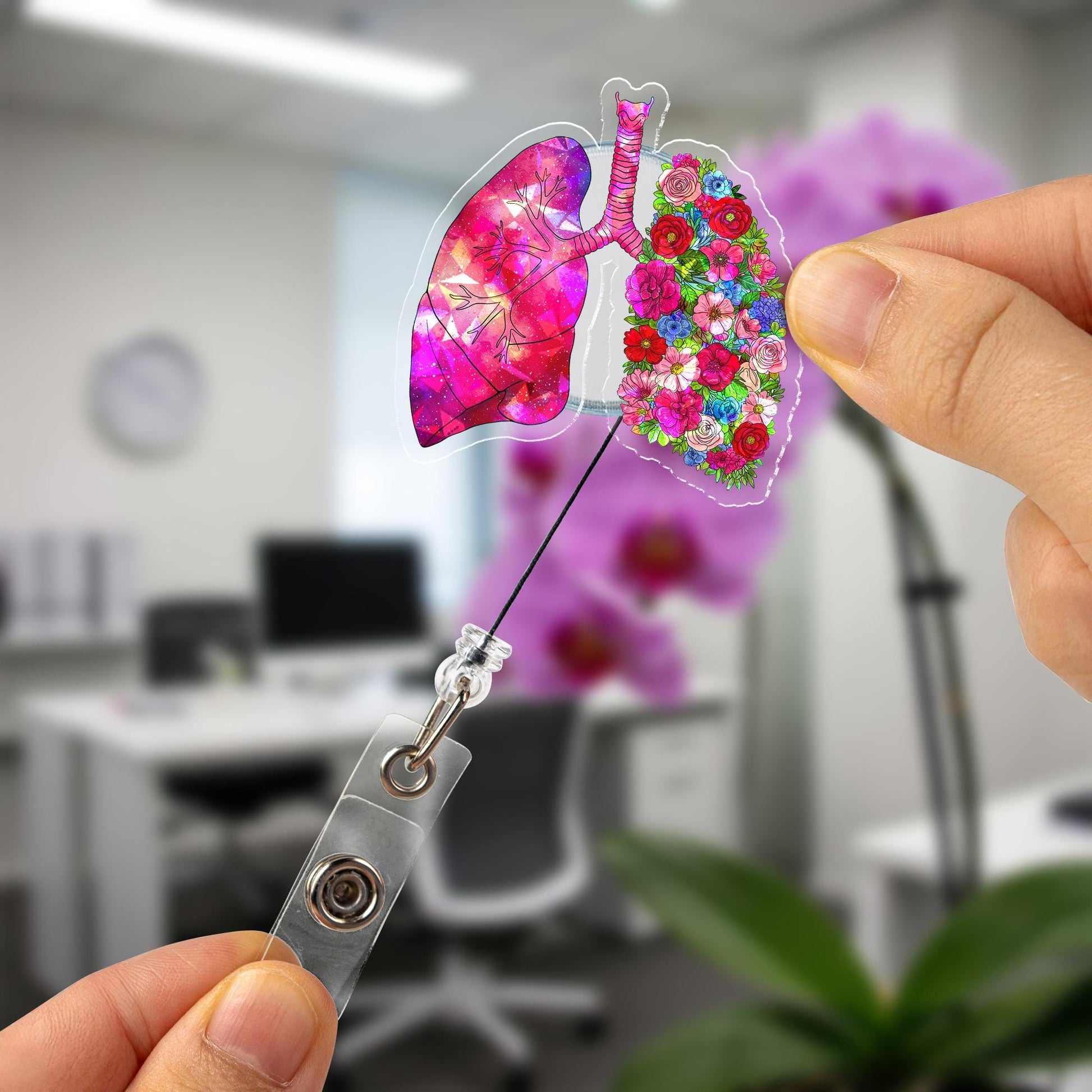 Holographic Floral Anatomical Lung Badge Reel, Cute Acrylic ID Holder for Nurse, Doctor, RT Gift, Medical Staff Accessory,Hologram ID Holder