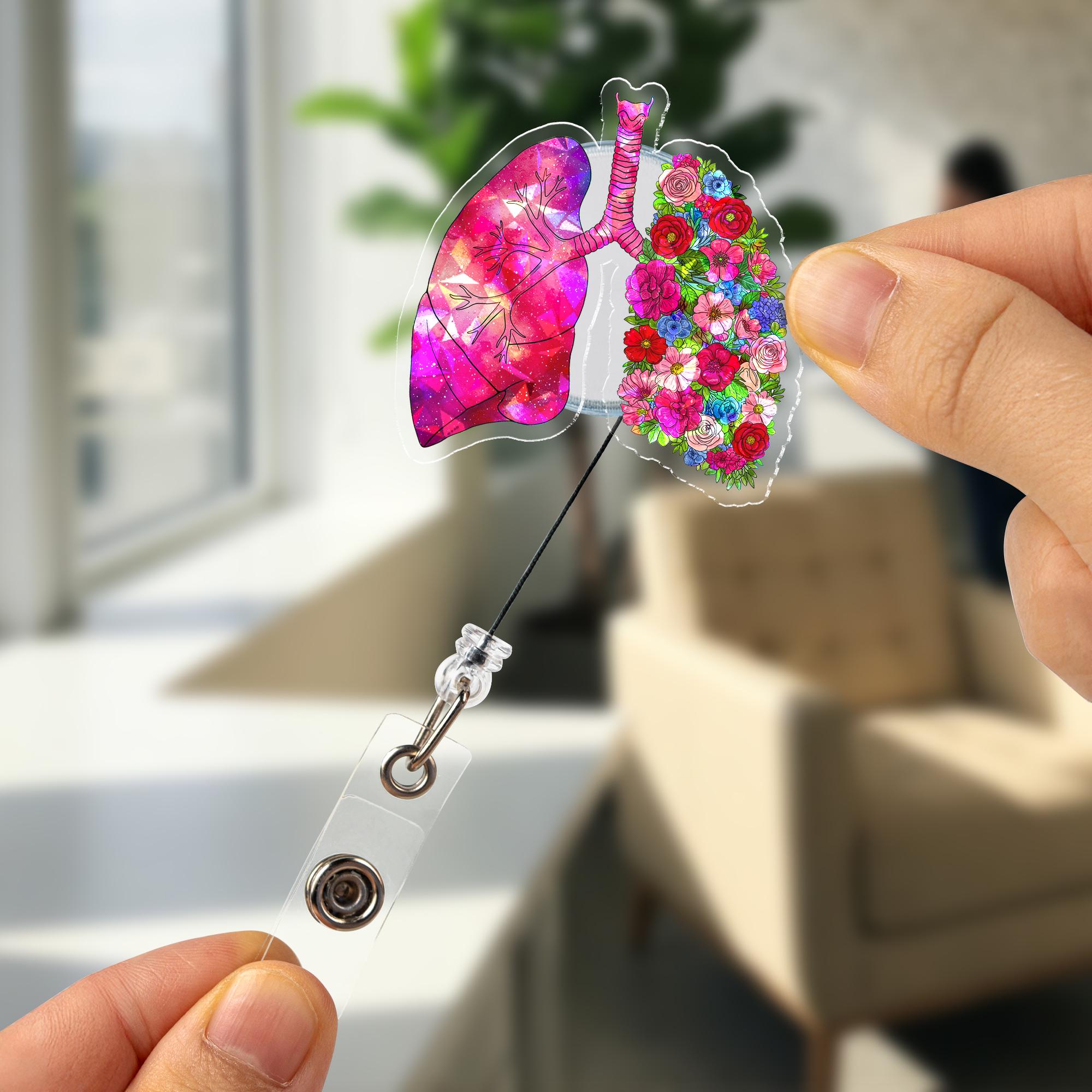 Holographic Floral Anatomical Lung Badge Reel, Cute Acrylic ID Holder for Nurse, Doctor, RT Gift, Medical Staff Accessory,Hologram ID Holder