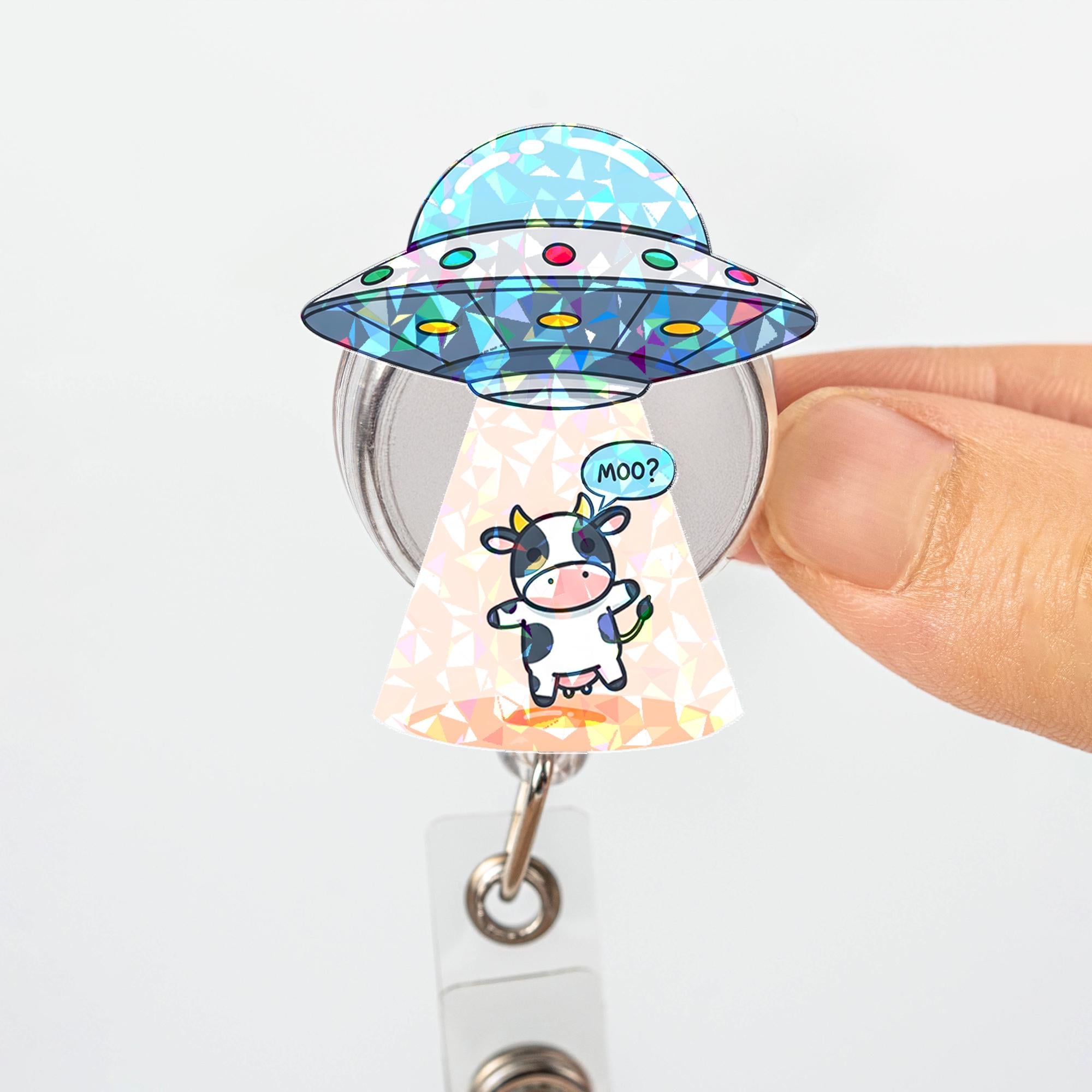 Holographic Ufo Cow Abduction Badge Reel, Funny Alien Spaceship ID Holder, Cute Nurse Gift, Retractable Lanyard for RN, Teacher ID