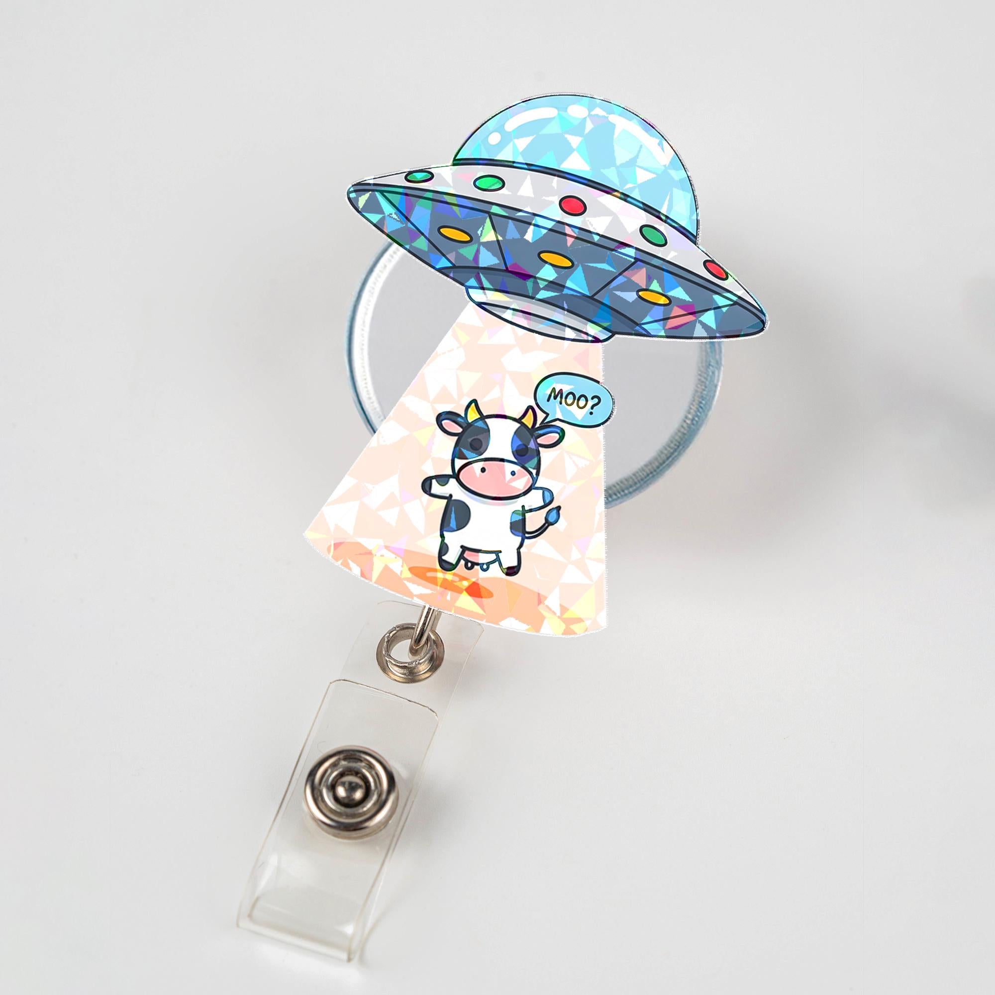 Holographic Ufo Cow Abduction Badge Reel, Funny Alien Spaceship ID Holder, Cute Nurse Gift, Retractable Lanyard for RN, Teacher ID