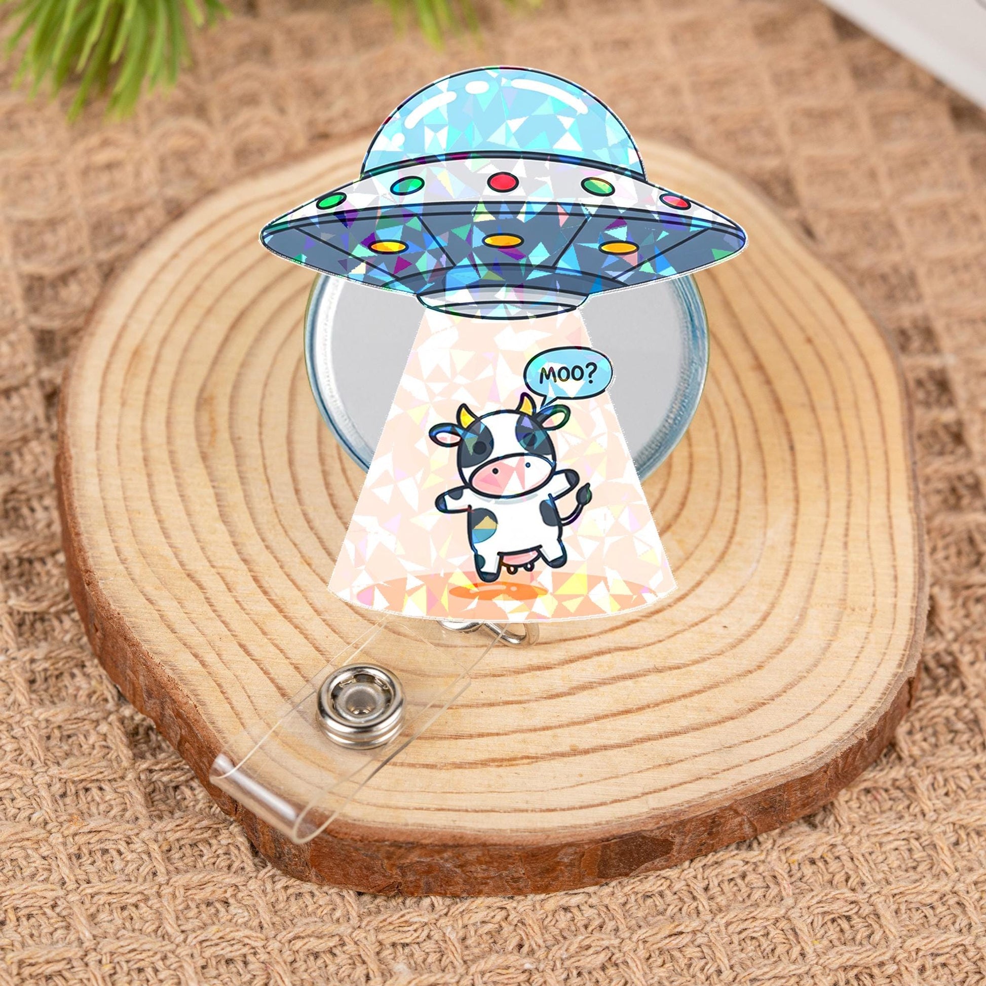 Holographic Ufo Cow Abduction Badge Reel, Funny Alien Spaceship ID Holder, Cute Nurse Gift, Retractable Lanyard for RN, Teacher ID