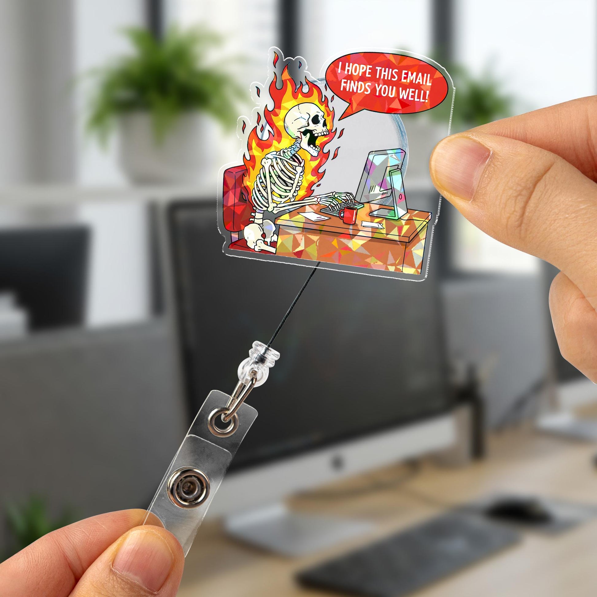Funny Skeleton Email Badge Reel "Hope This Finds You Well" Sarcastic Holographic Office Humor Retractable ID Holder Gift for Nurse Teacher