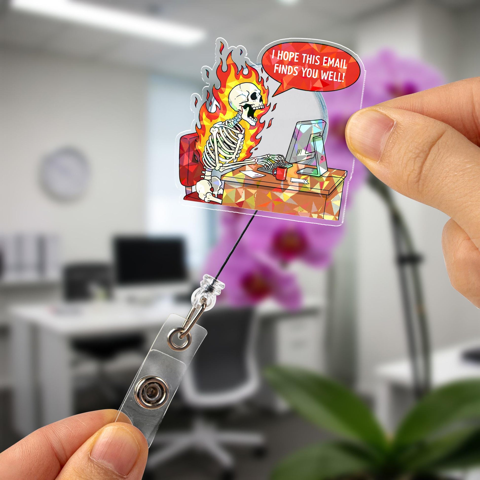 Funny Skeleton Email Badge Reel "Hope This Finds You Well" Sarcastic Holographic Office Humor Retractable ID Holder Gift for Nurse Teacher