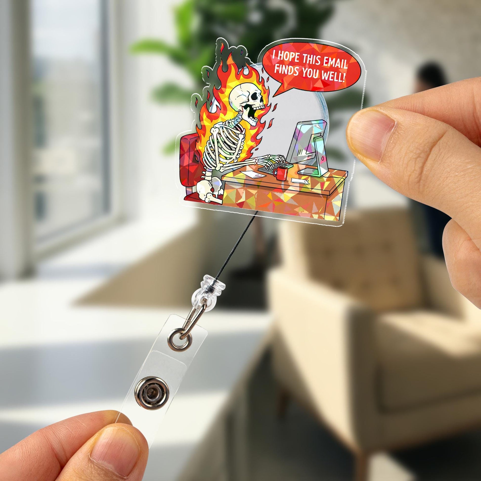 Funny Skeleton Email Badge Reel "Hope This Finds You Well" Sarcastic Holographic Office Humor Retractable ID Holder Gift for Nurse Teacher