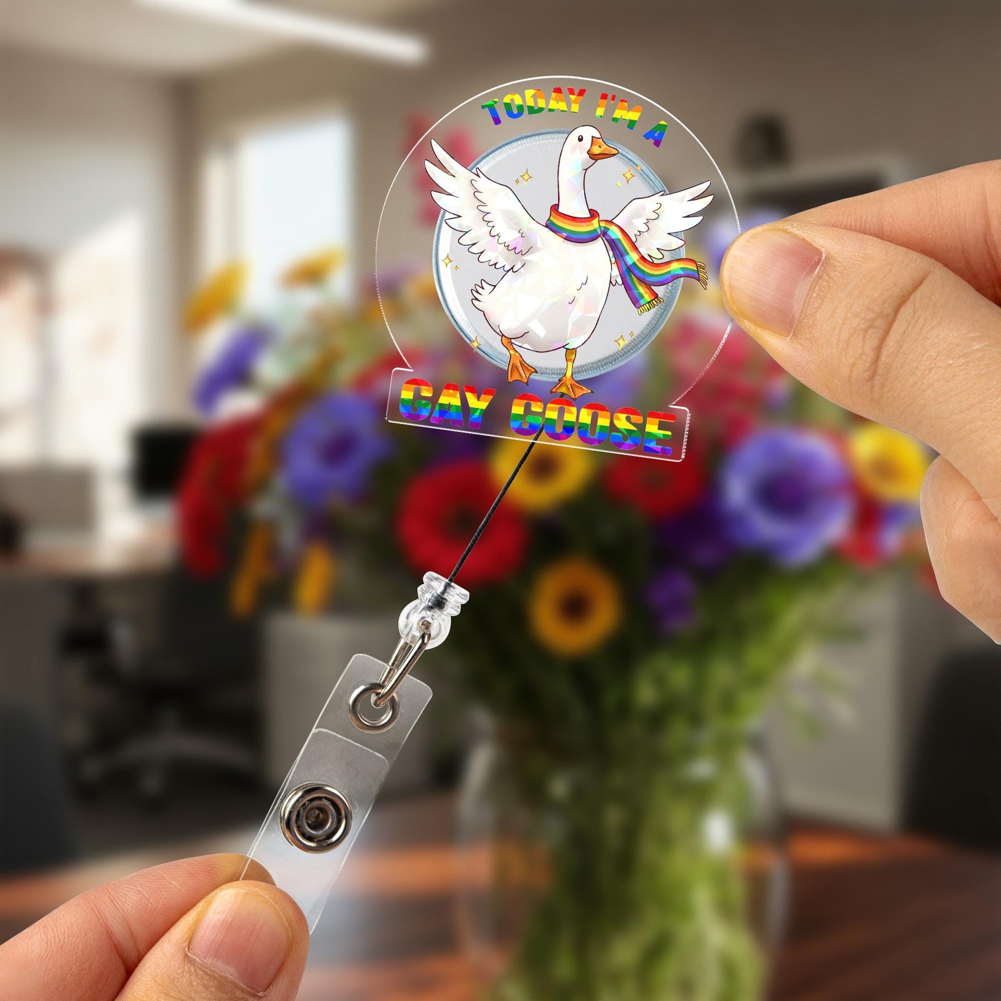 Today I'm a Gay Goose Funny Hologram Badge Reel, LGBTQ Pride Rainbow Goose Retractable ID Holder, Cute Nurse Teacher Office Gift,Pride Month