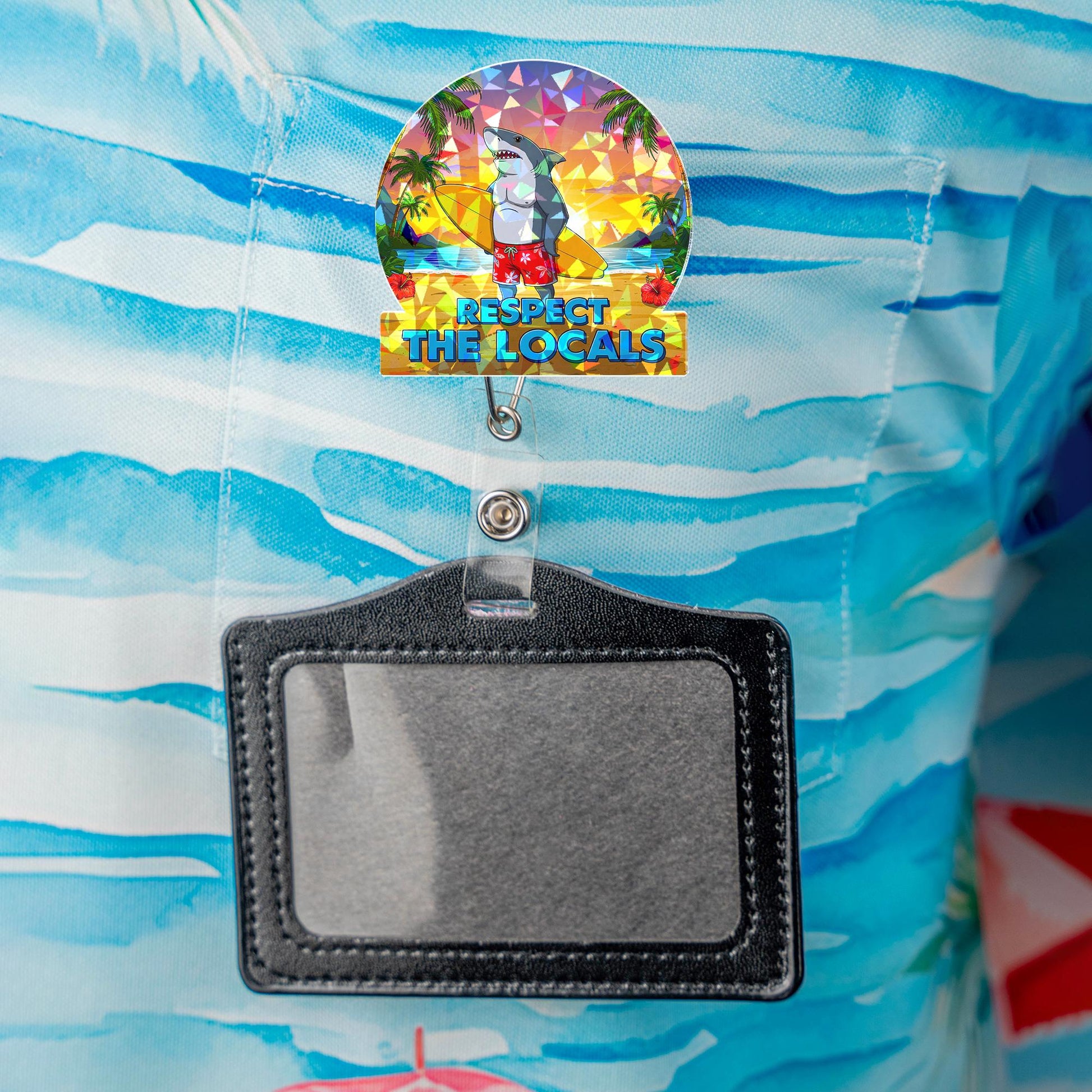 Holographic Respect The Locals Shark Badge Reel, Funny Surfer Shark ID Holder, Tropical Beach Nurse Teacher Gift, Retractable Lanyard