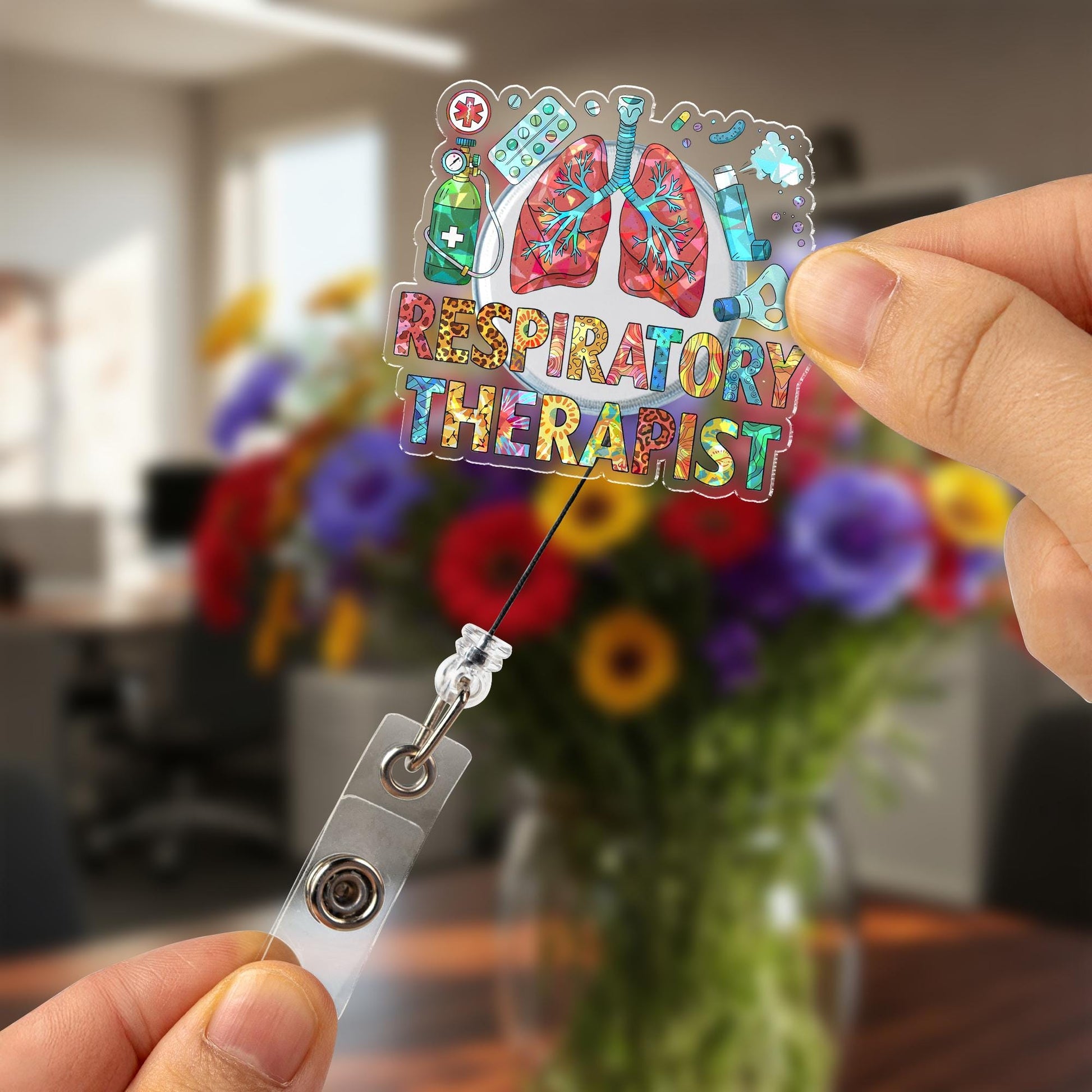 Holographic Respiratory Therapist Badge Reel, Floral Lungs Design, Retractable ID Holder, Cute Gift for RT, RRT, Nurse, Healthcare Pro