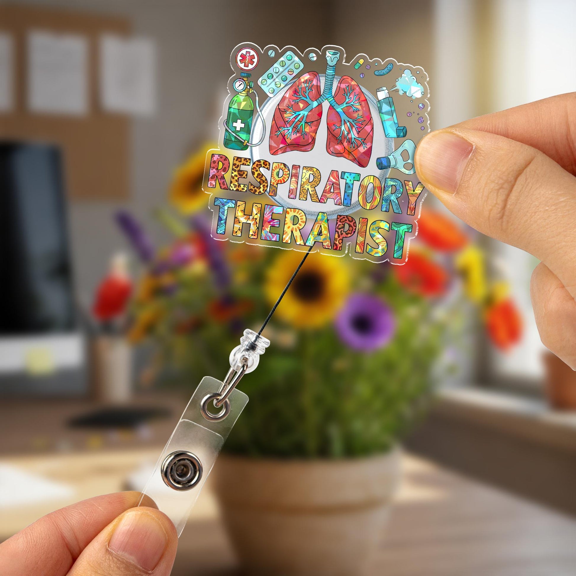Holographic Respiratory Therapist Badge Reel, Floral Lungs Design, Retractable ID Holder, Cute Gift for RT, RRT, Nurse, Healthcare Pro