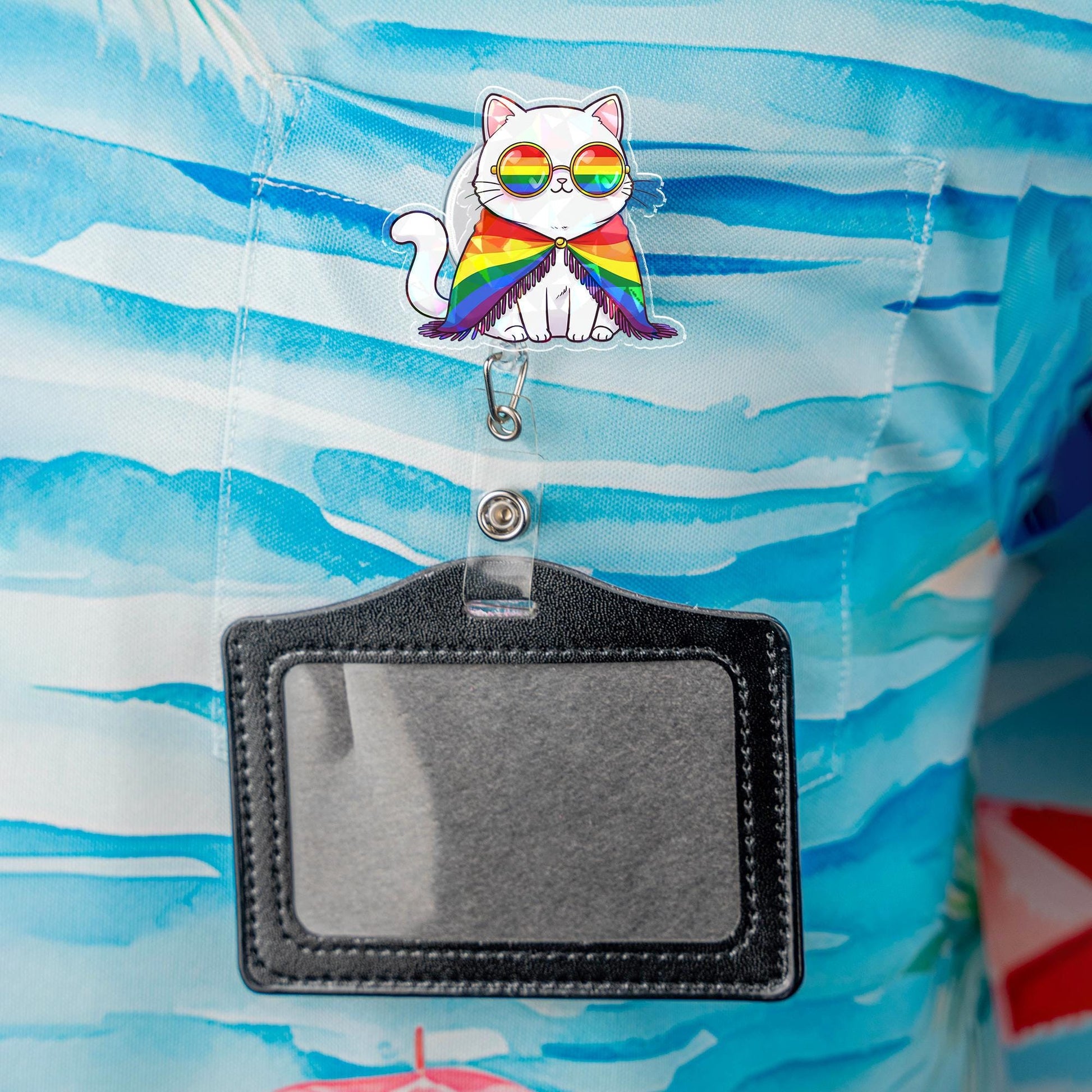 LGBTQ Pride Cat Badge Reel, Rainbow Flag Cape Sunglasses Retractable ID Holder, Nurse Teacher Vet Tech Gift, Pride Month Acrylic Badge Reel