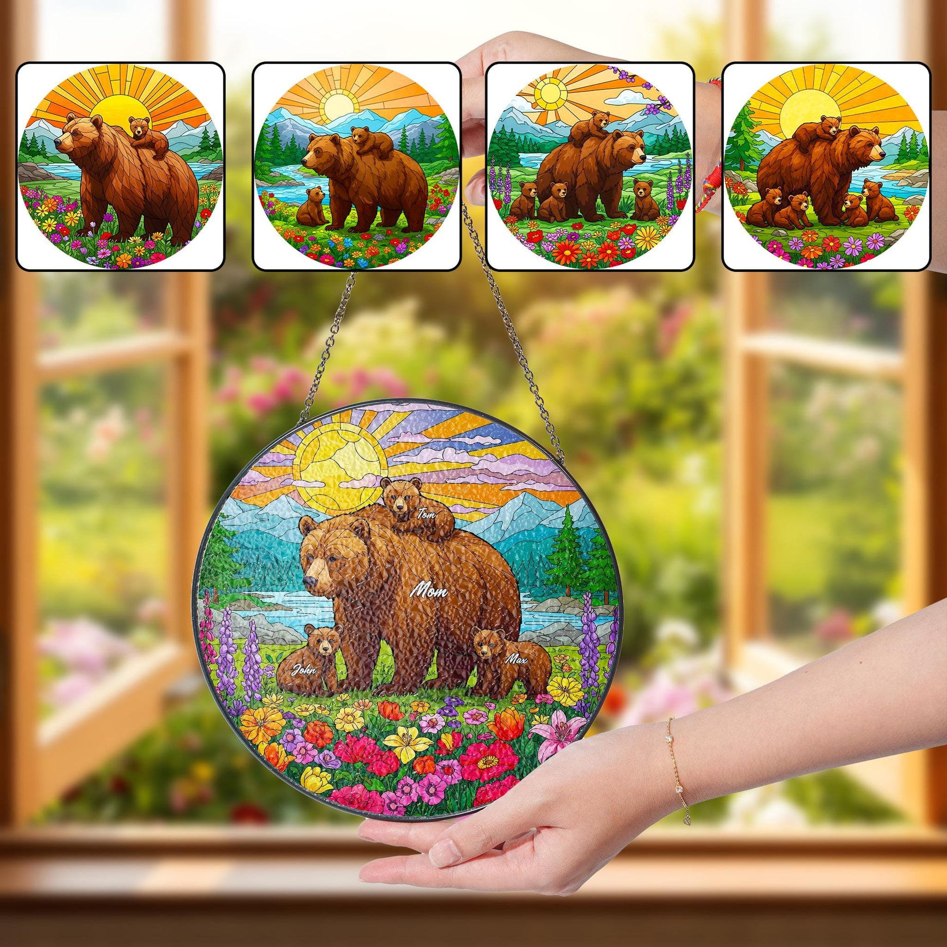 Personalized Mama Bear with Cub Names Glass Suncatcher Window Hanging, Custom Family Gift for Mom, Nature Decor, Mother's Day Ornament