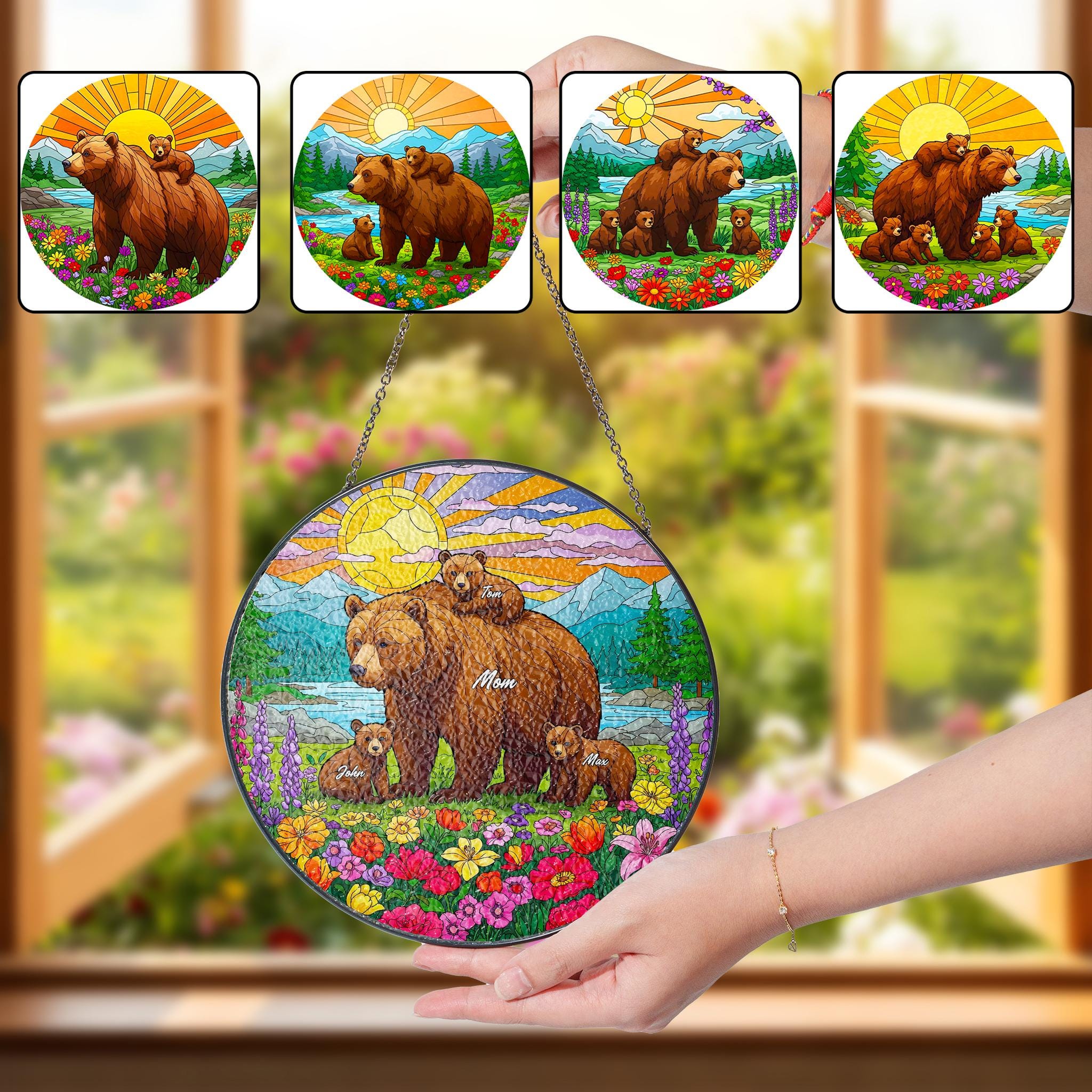 Personalized Mama Bear with Cub Names Glass Suncatcher Window Hanging, Custom Family Gift for Mom, Nature Decor, Mother's Day Ornament