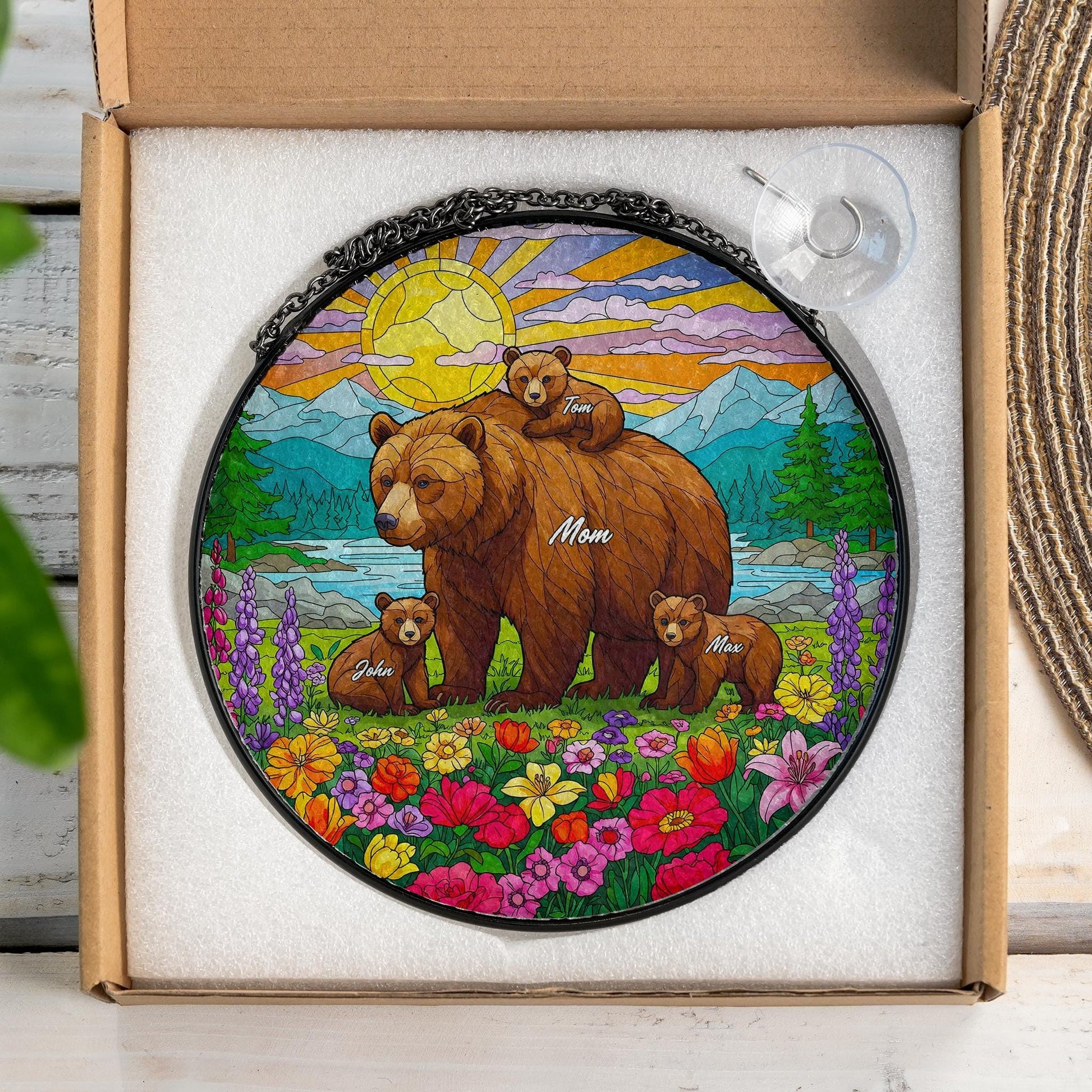 Personalized Mama Bear with Cub Names Glass Suncatcher Window Hanging, Custom Family Gift for Mom, Nature Decor, Mother's Day Ornament