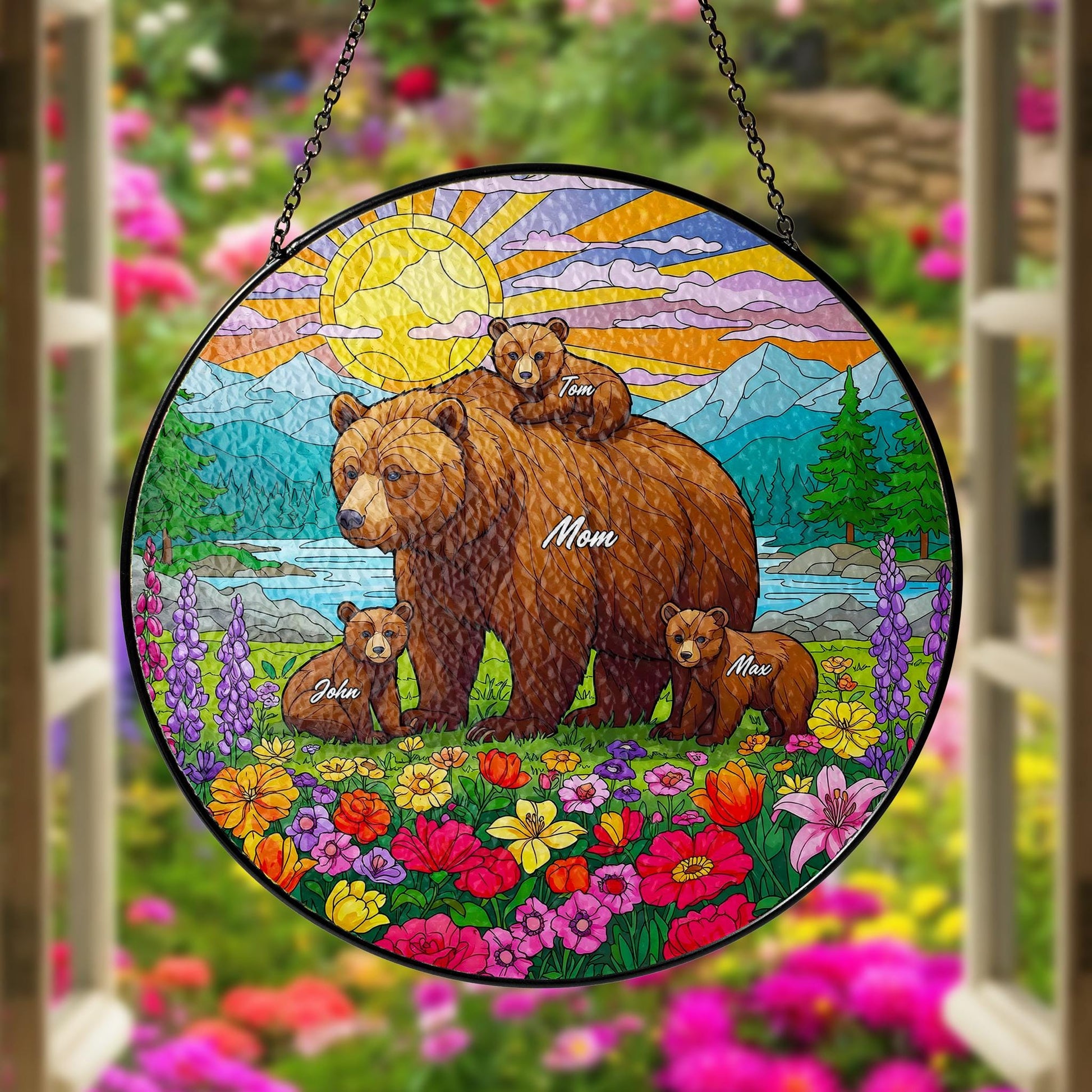 Personalized Mama Bear with Cub Names Glass Suncatcher Window Hanging, Custom Family Gift for Mom, Nature Decor, Mother's Day Ornament