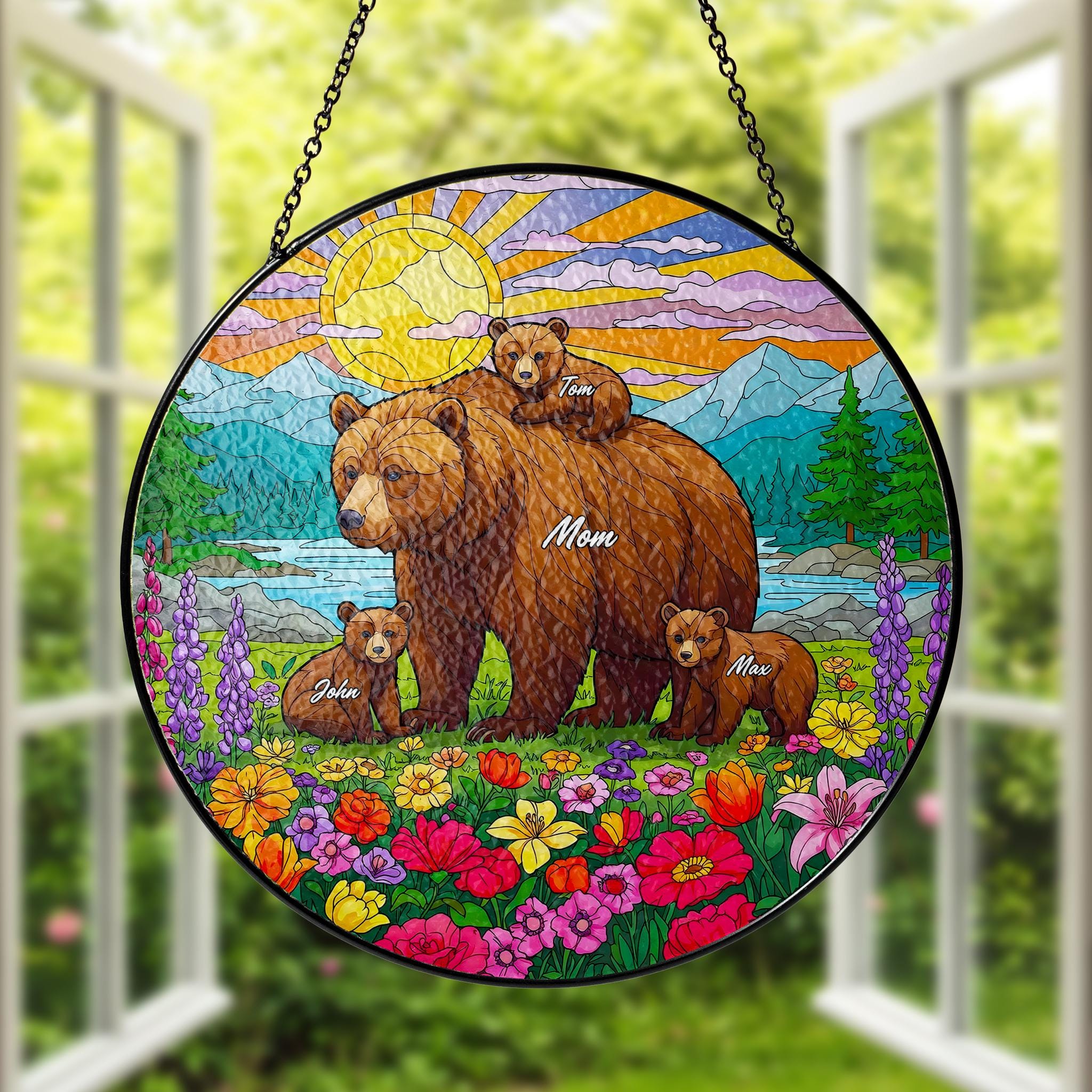 Personalized Mama Bear with Cub Names Glass Suncatcher Window Hanging, Custom Family Gift for Mom, Nature Decor, Mother's Day Ornament