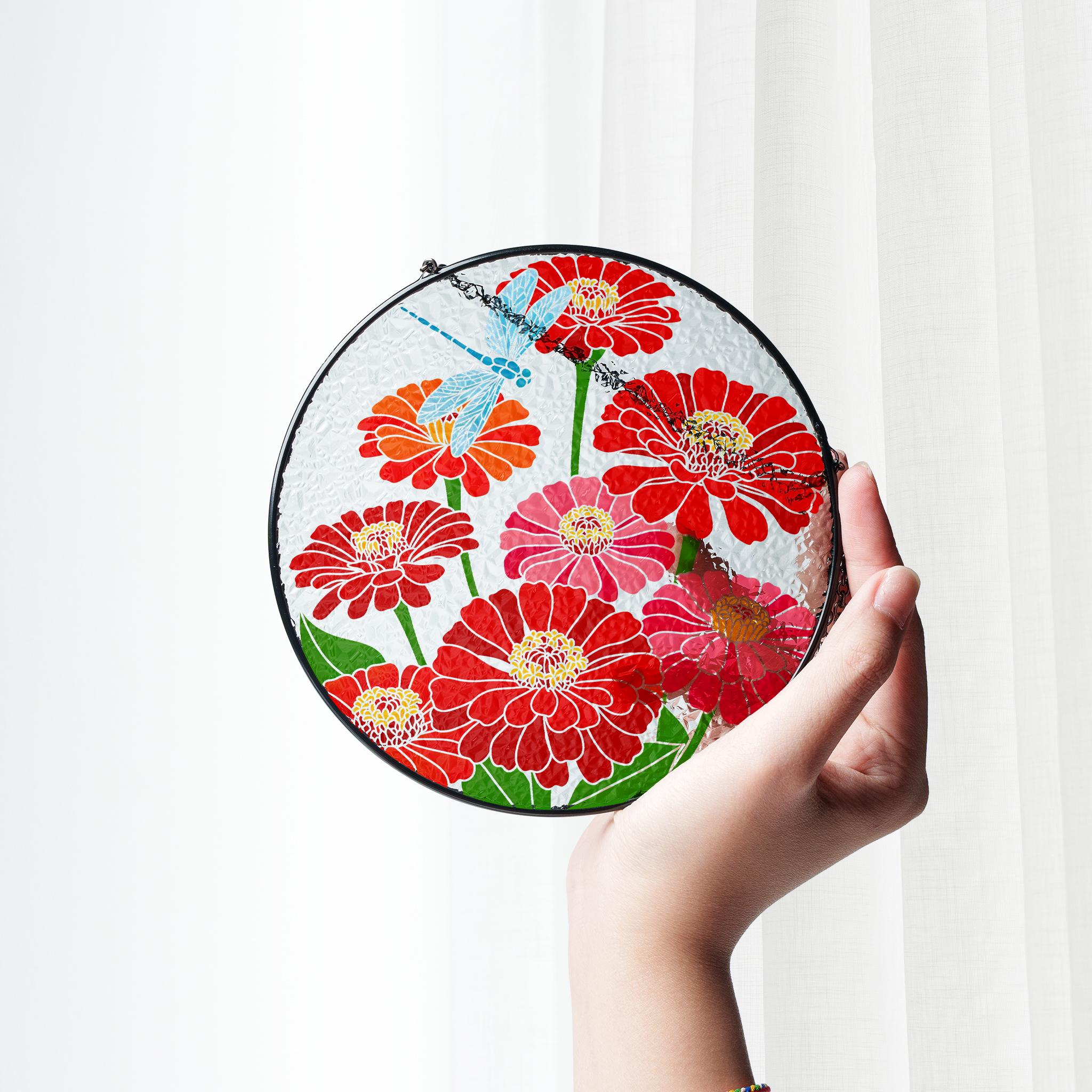 Zinnia Flowers and Dragonfly Glass Suncatcher, Round Colorful Floral Window Hanging, Nature Inspired Garden Lover Gift Home Decor