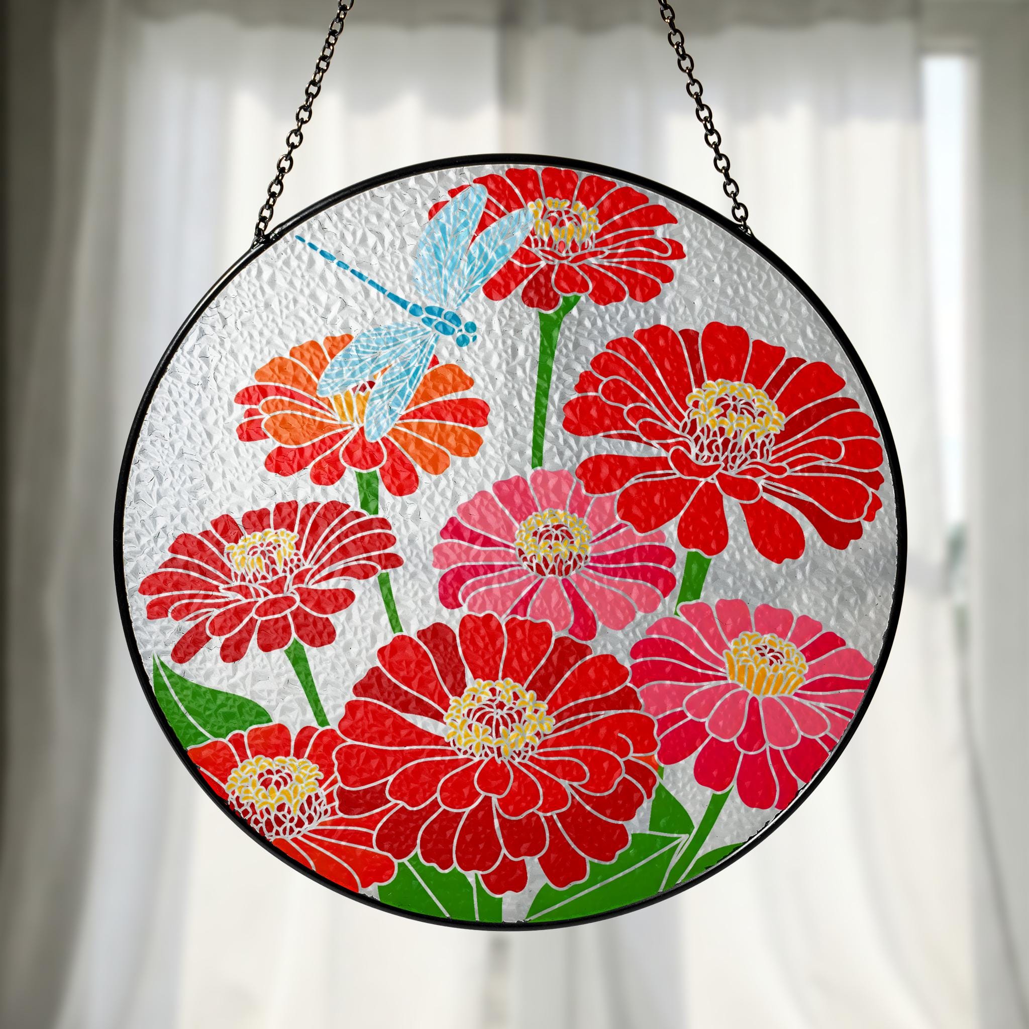 Zinnia Flowers and Dragonfly Glass Suncatcher, Round Colorful Floral Window Hanging, Nature Inspired Garden Lover Gift Home Decor