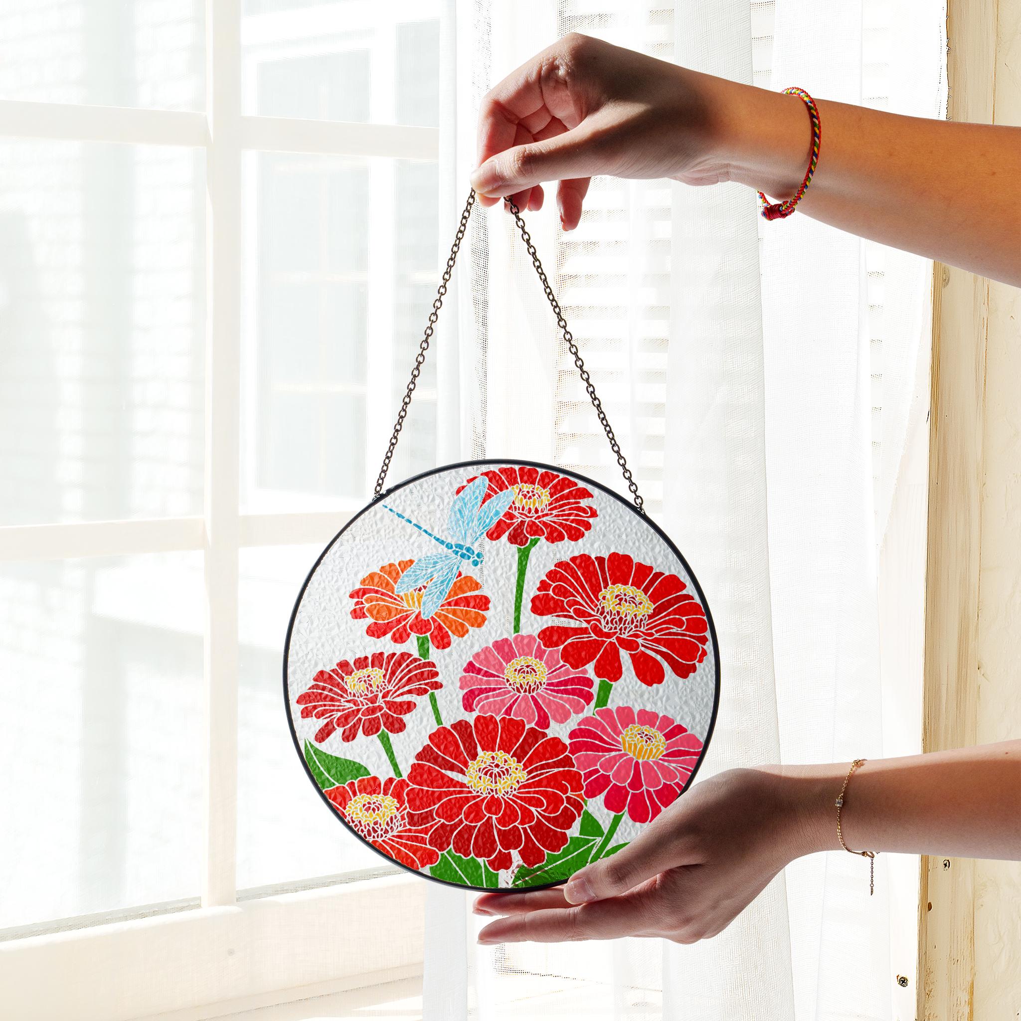 Zinnia Flowers and Dragonfly Glass Suncatcher, Round Colorful Floral Window Hanging, Nature Inspired Garden Lover Gift Home Decor