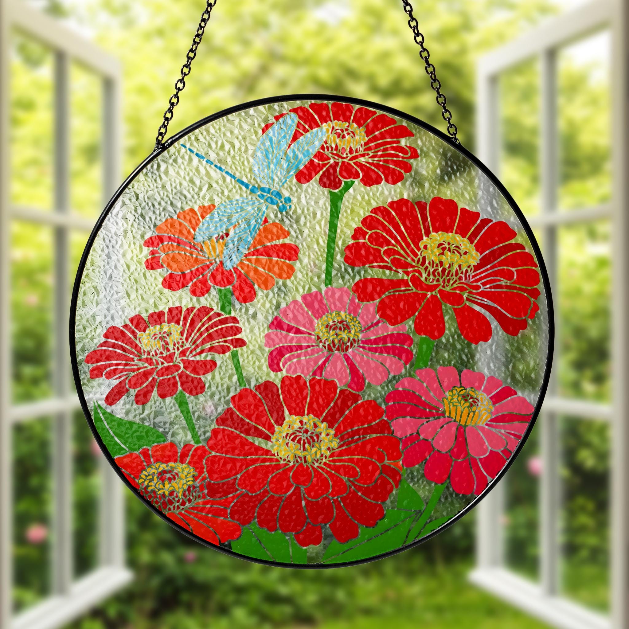 Zinnia Flowers and Dragonfly Glass Suncatcher, Round Colorful Floral Window Hanging, Nature Inspired Garden Lover Gift Home Decor