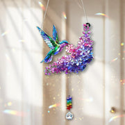 Hummingbird and Lilac Holographic Acrylic Suncatcher with Crystal Charm – Mother's Day Gift for Mom, Window Decor Rainbow Maker