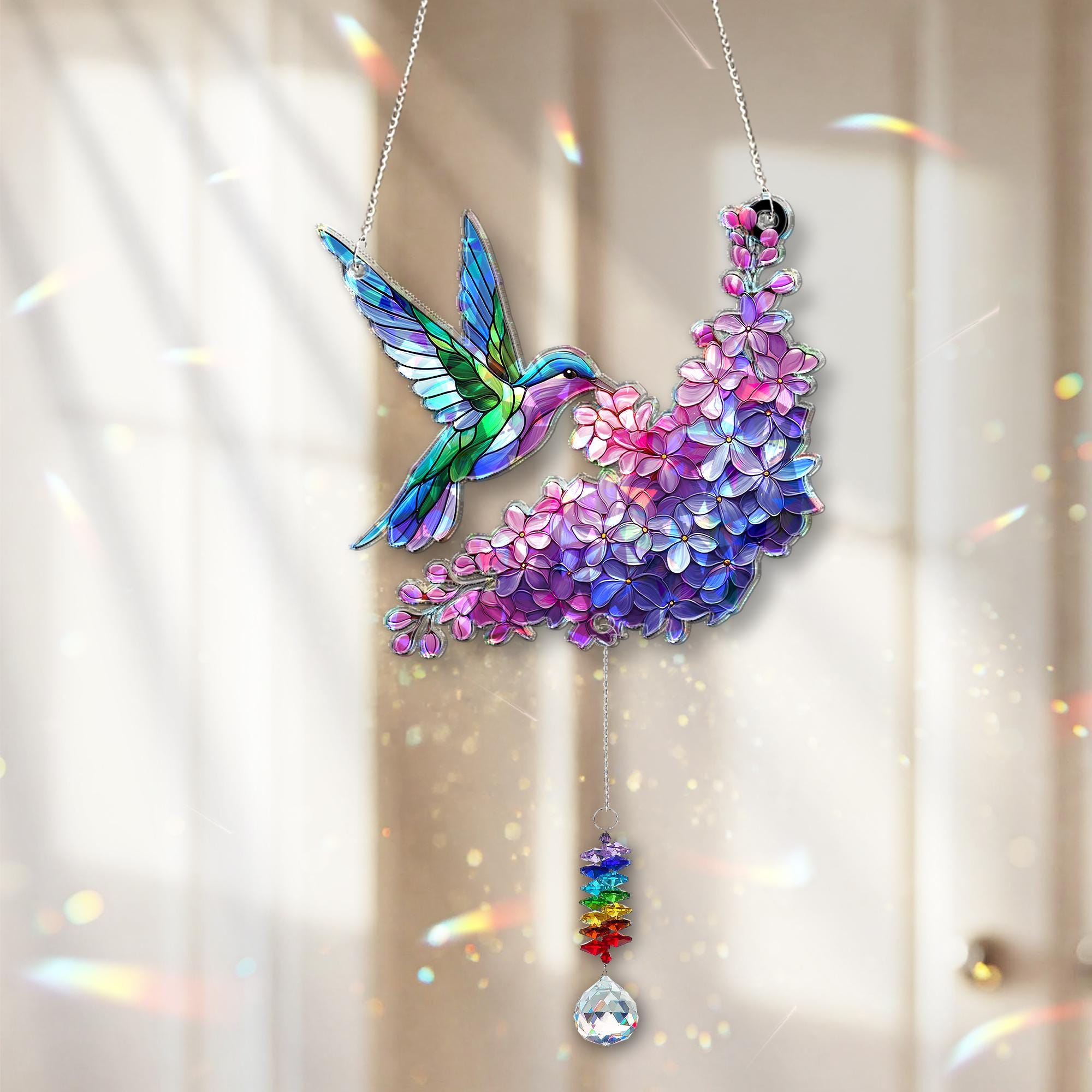 Hummingbird and Lilac Holographic Acrylic Suncatcher with Crystal Charm – Mother's Day Gift for Mom, Window Decor Rainbow Maker