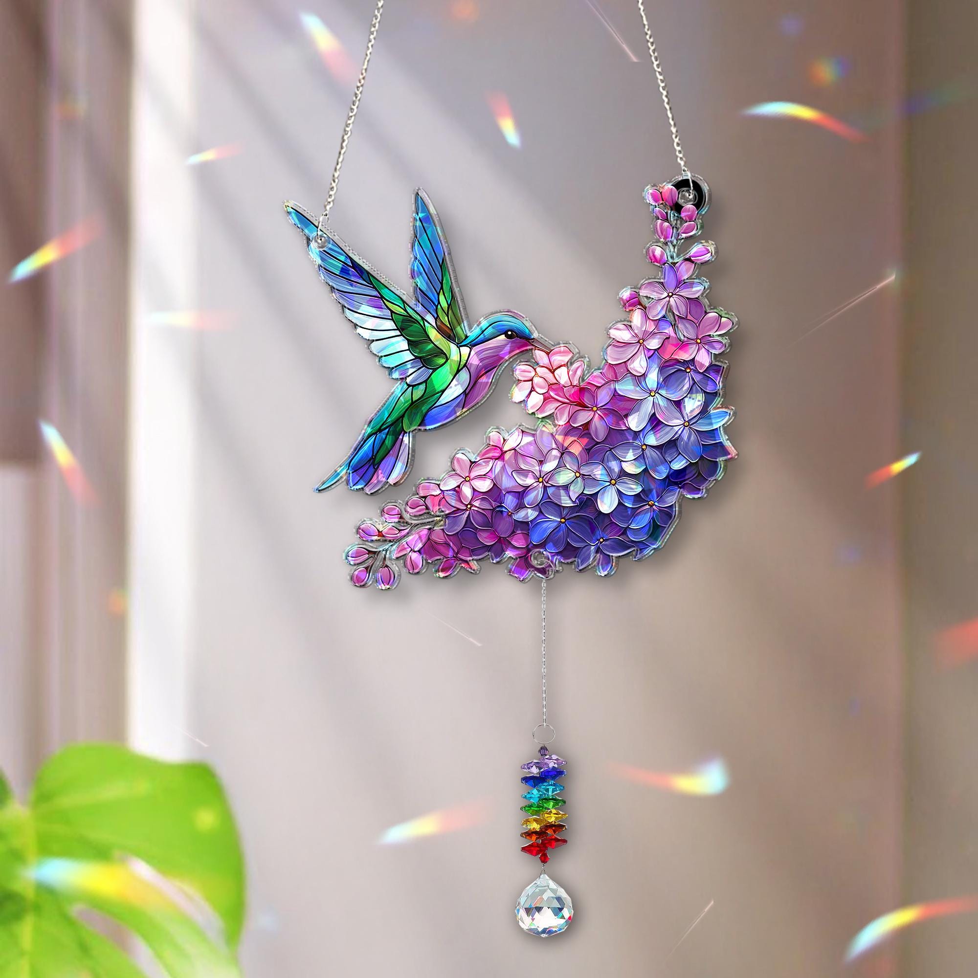Hummingbird and Lilac Holographic Acrylic Suncatcher with Crystal Charm – Mother's Day Gift for Mom, Window Decor Rainbow Maker