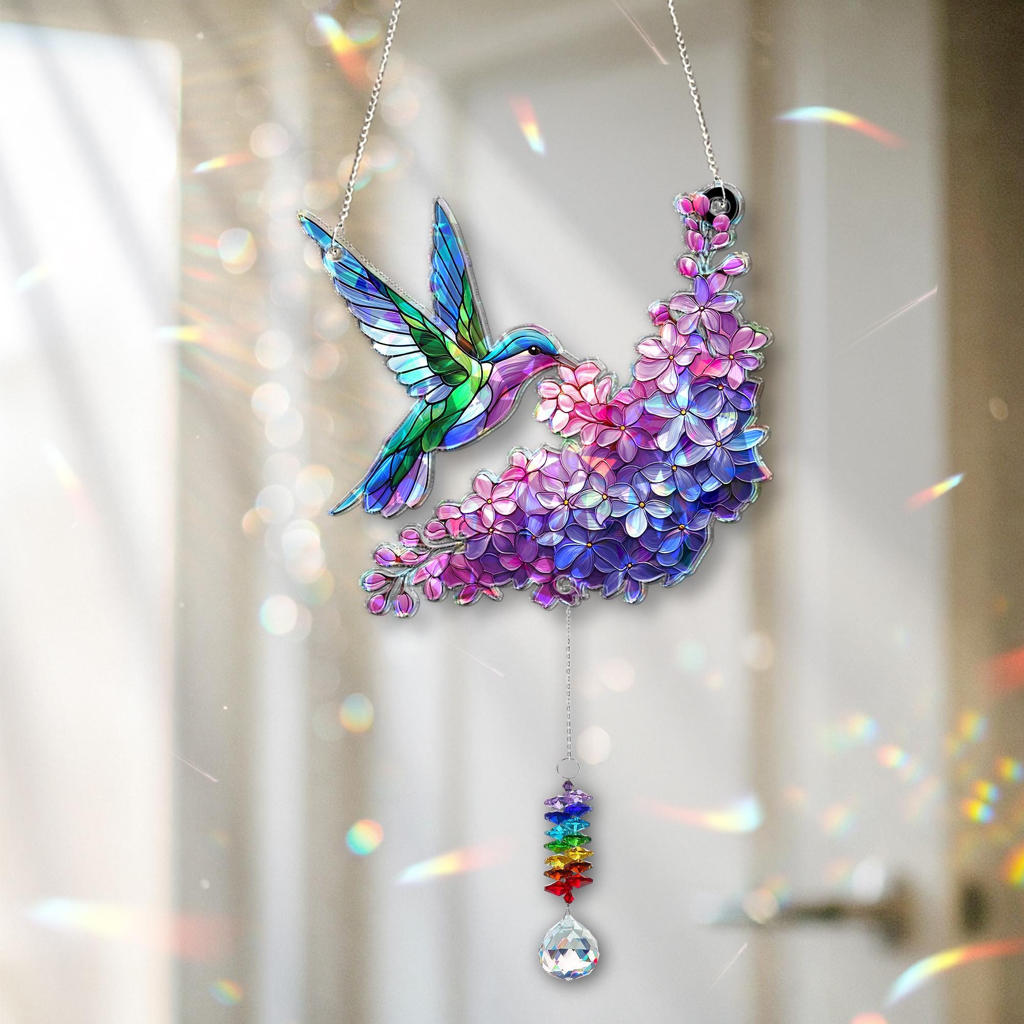 Hummingbird and Lilac Holographic Acrylic Suncatcher with Crystal Charm – Mother's Day Gift for Mom, Window Decor Rainbow Maker