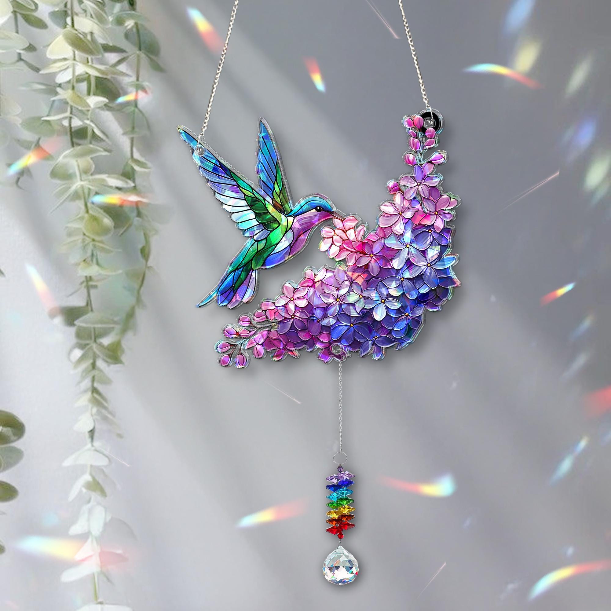 Hummingbird and Lilac Holographic Acrylic Suncatcher with Crystal Charm – Mother's Day Gift for Mom, Window Decor Rainbow Maker