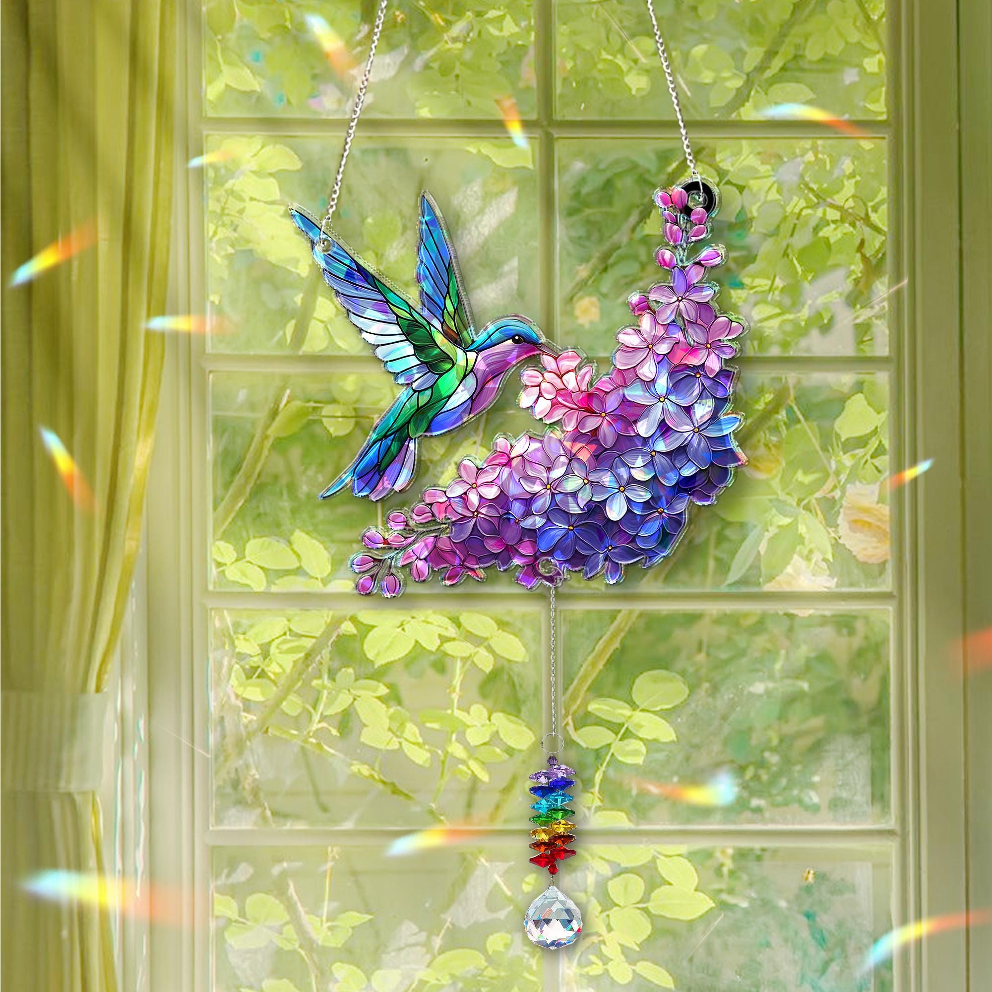 Hummingbird and Lilac Holographic Acrylic Suncatcher with Crystal Charm – Mother's Day Gift for Mom, Window Decor Rainbow Maker