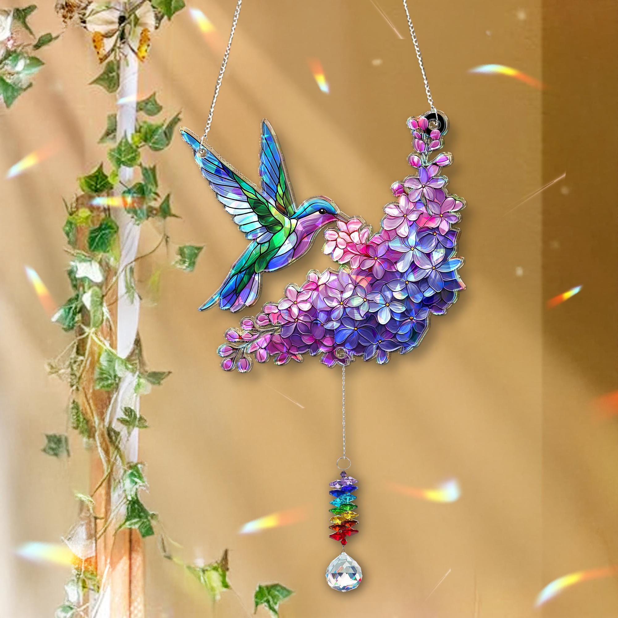 Hummingbird and Lilac Holographic Acrylic Suncatcher with Crystal Charm – Mother's Day Gift for Mom, Window Decor Rainbow Maker