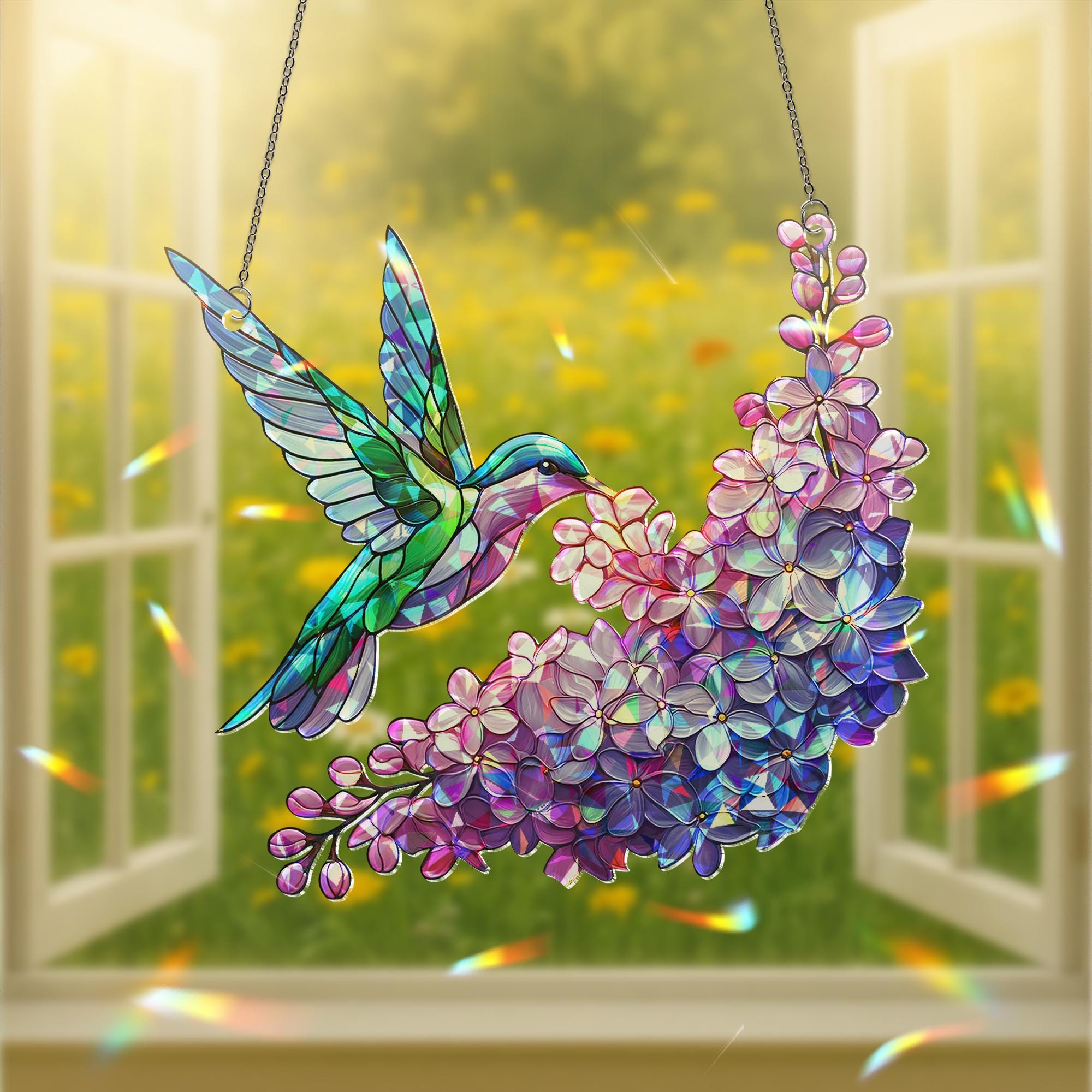 Hummingbird and Lilac Holographic Acrylic Suncatcher – Mother's Day Gift for Mom, Window Decor Rainbow Maker gift for nana