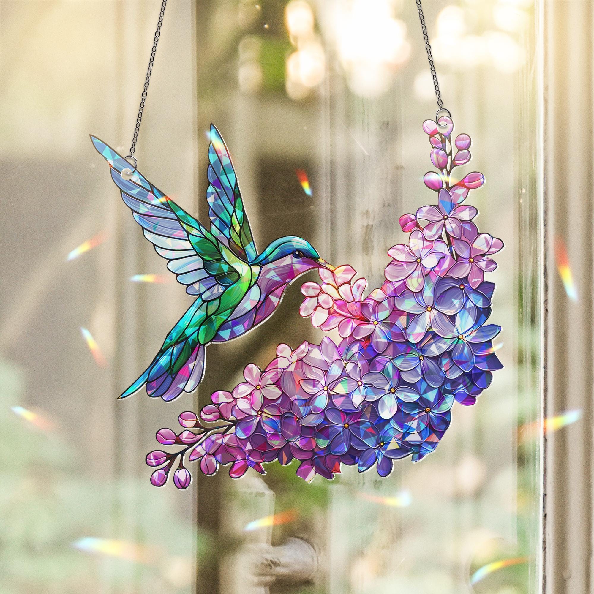 Hummingbird and Lilac Holographic Acrylic Suncatcher – Mother's Day Gift for Mom, Window Decor Rainbow Maker gift for nana