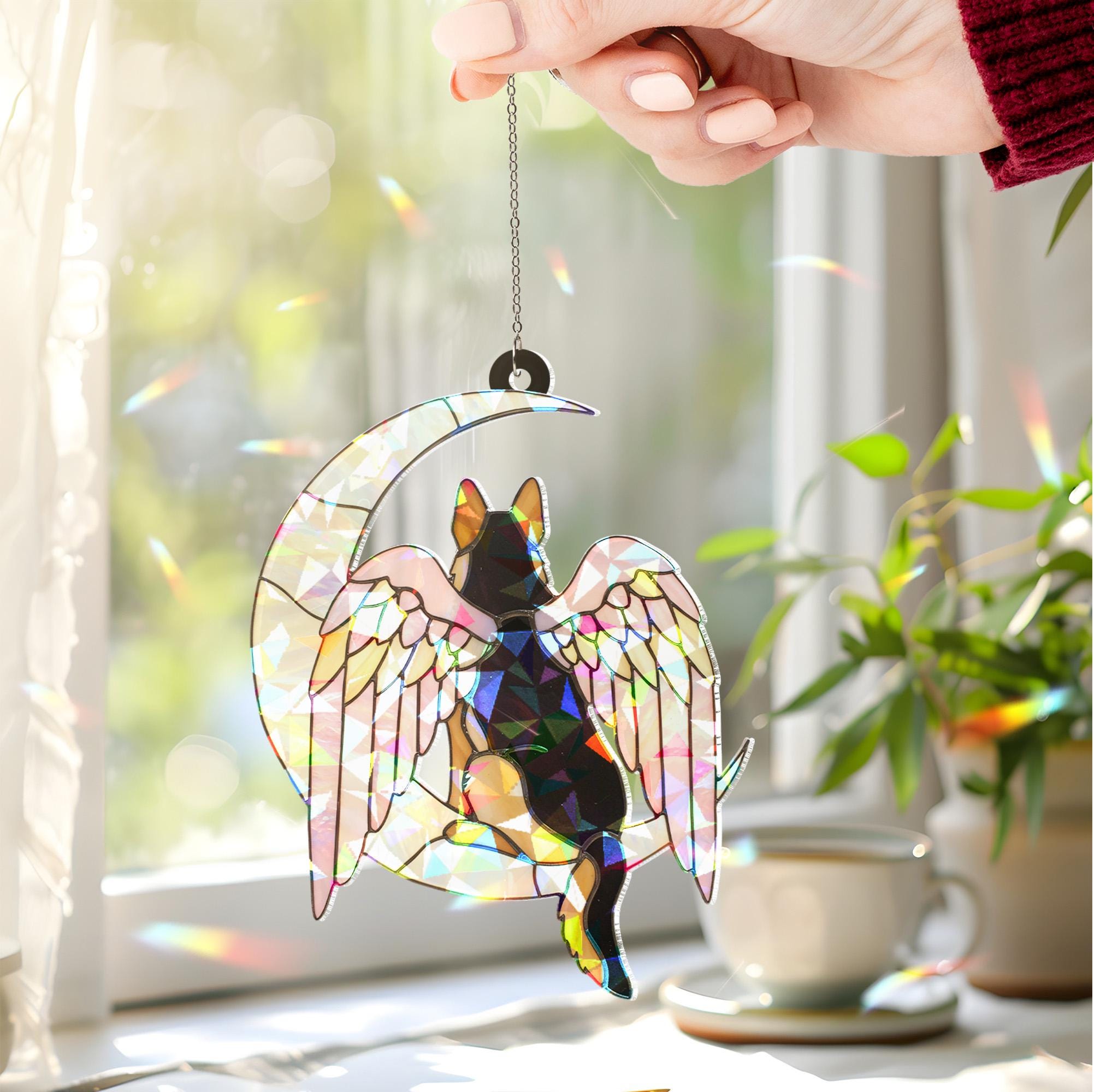 Acrylic Hologram German Shepherd, Angel Wings, Crescent Moon, Dog Memorial, Dog Mom Gift, Pet Tribute, Iridescent Decor