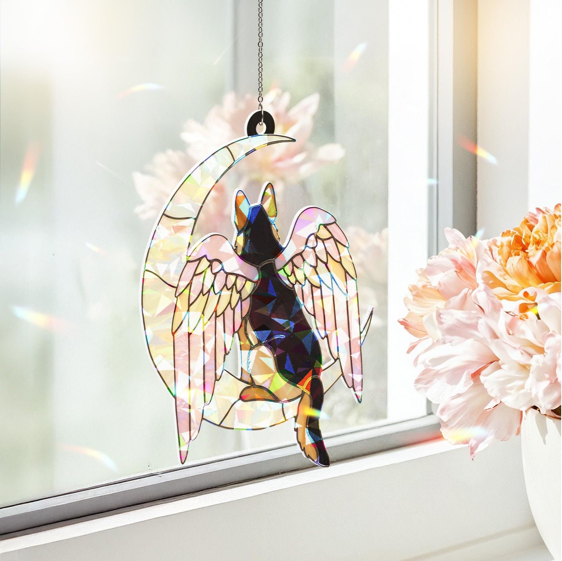 Acrylic Hologram German Shepherd, Angel Wings, Crescent Moon, Dog Memorial, Dog Mom Gift, Pet Tribute, Iridescent Decor