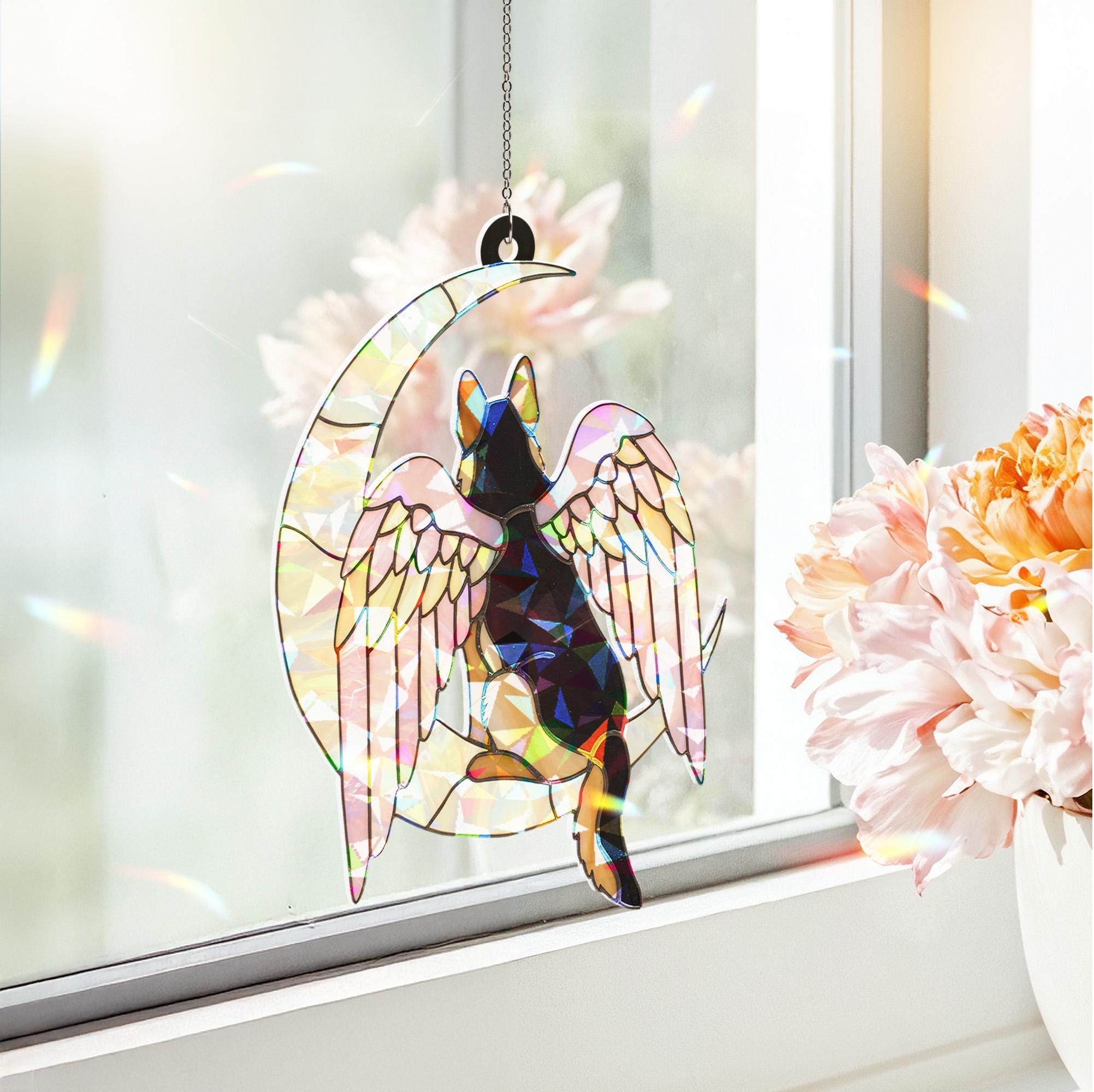 Acrylic Hologram German Shepherd, Angel Wings, Crescent Moon, Dog Memorial, Dog Mom Gift, Pet Tribute, Iridescent Decor