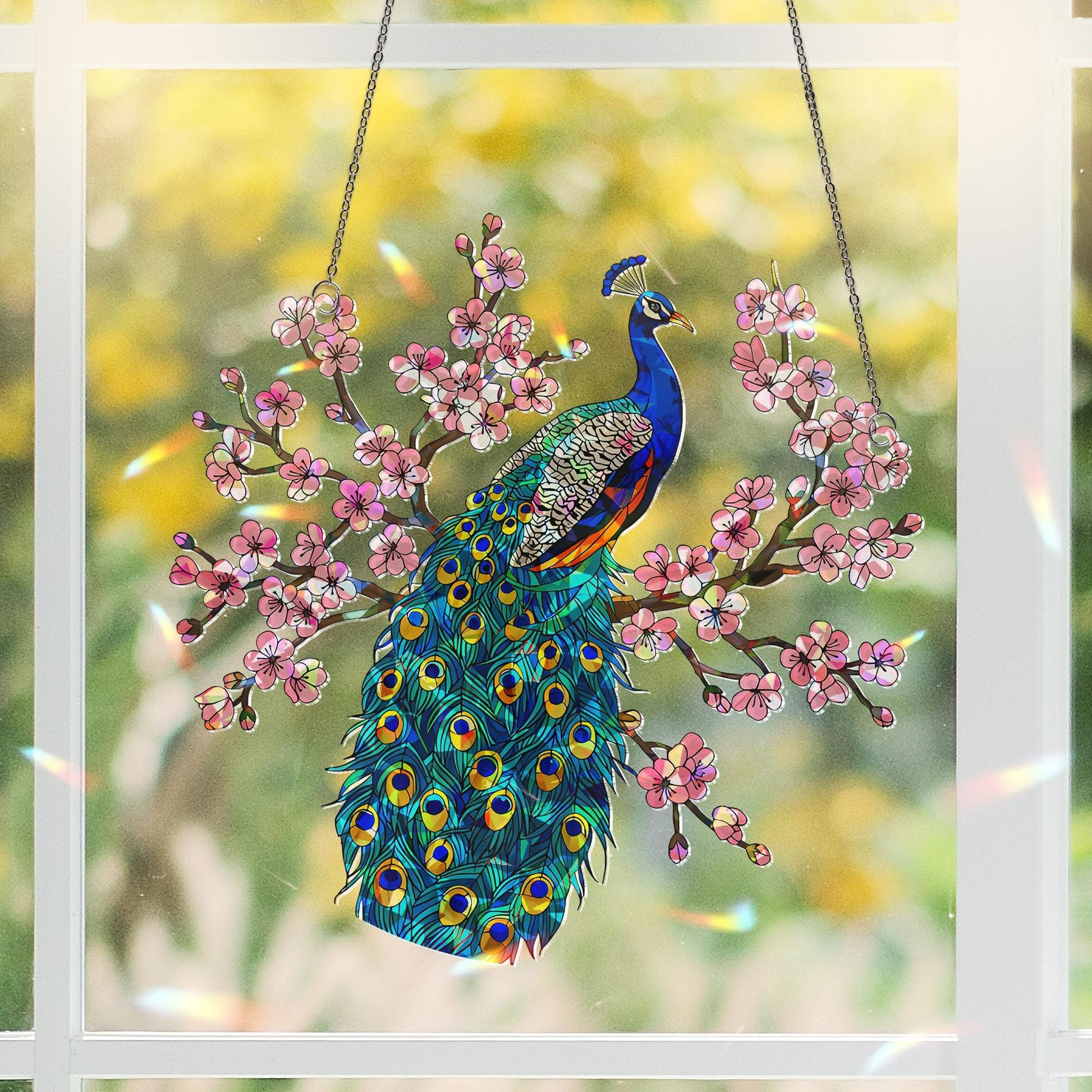 Peacock on Cherry Blossom Branch Acrylic Hologram, Iridescent Wall Art, Mother's Day Gift, Elegant Bird Decor, Nature Gift, Gift For Mom